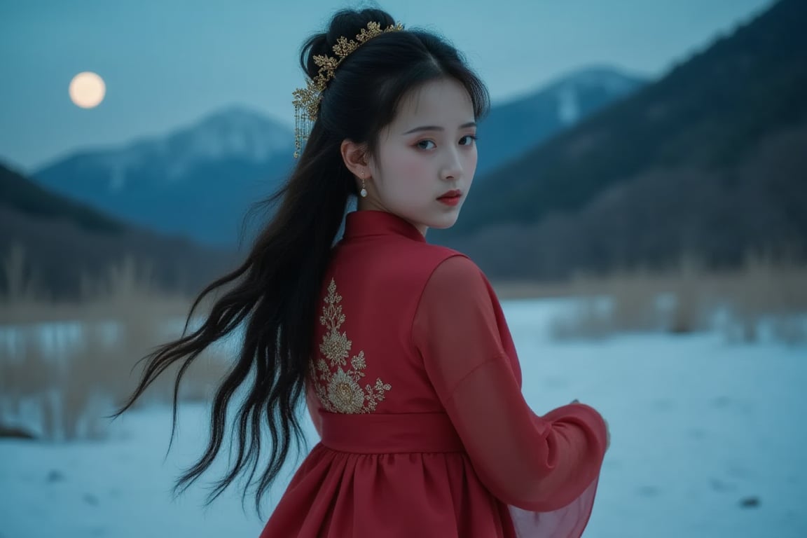 Here's a prompt for a RAW photo: A cinematic shot captured on Fujifilm XT3, a medium-angle shot of a girl, adorned with long, wavy black hair, and a red dress adorned with gold accents.  Her hair is flowing in a flowing fashion, adding a pop of color to the scene. The woman, dressed in a stunning costume, stands in a snow-covered field, with a backdrop of a mountain range, dotted with cherry blossoms. The sky is a deep blue, and the moon is visible in the upper left corner of the frame,where lush greenery and bold emblazoned words SUNSHINE create a striking visual counterpoint to her melancholic countenance, as if bathed in the faint light of the street lamps.(Film grain: 1.2,  ultra detailed skin texture)