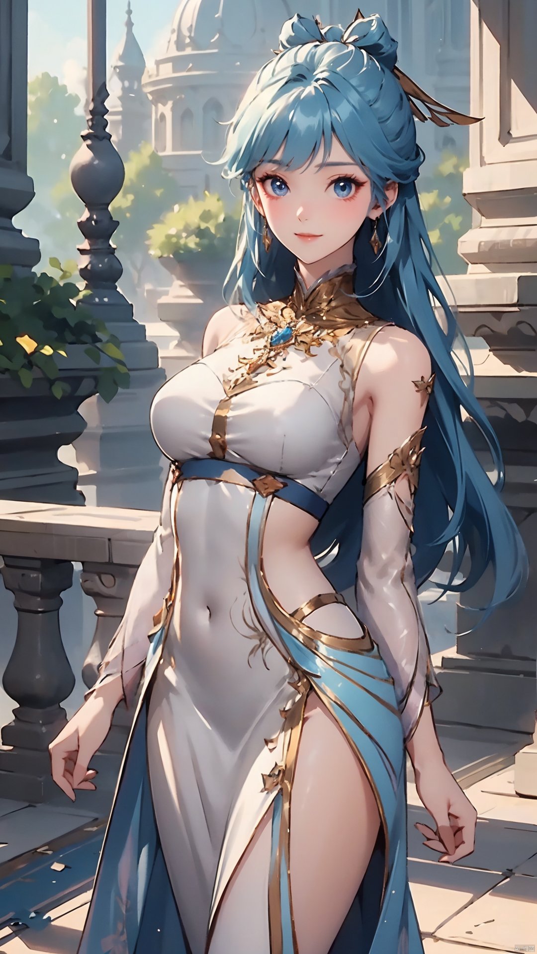 1girl, solo, dress, blue hair, jewelry, earrings, blue eyes, long hair, hair rings, hair ornament, detached sleeves, looking at viewer, mischevious smile, perfect body, scenery, sharp focus, best quality, masterpiece, detailed outfit, illustration, perfect eyes, finely detailed beautiful anime eyes, realistic skin, intricate details, best lighting, depth of field, ultra high resolution,cowboy_shot, dynamic pose, dynamic angle,