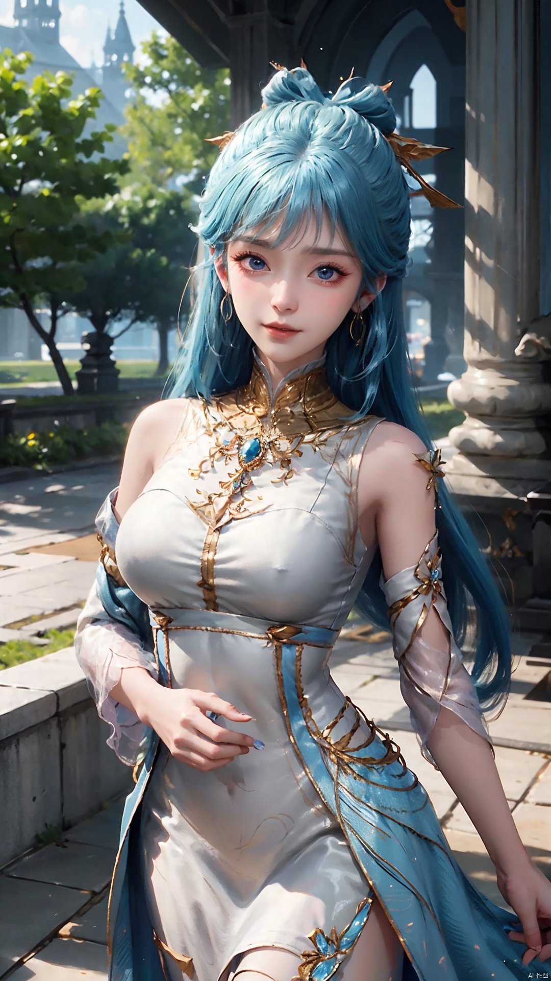 1girl, solo, dress, blue hair, jewelry, earrings, blue eyes, long hair, hair rings, hair ornament, detached sleeves, looking at viewer, mischevious smile, perfect body, scenery, sharp focus, best quality, masterpiece, detailed outfit, illustration, perfect eyes, finely detailed beautiful anime eyes, realistic skin, intricate details, best lighting, depth of field, ultra high resolution,cowboy_shot, dynamic pose, dynamic angle,