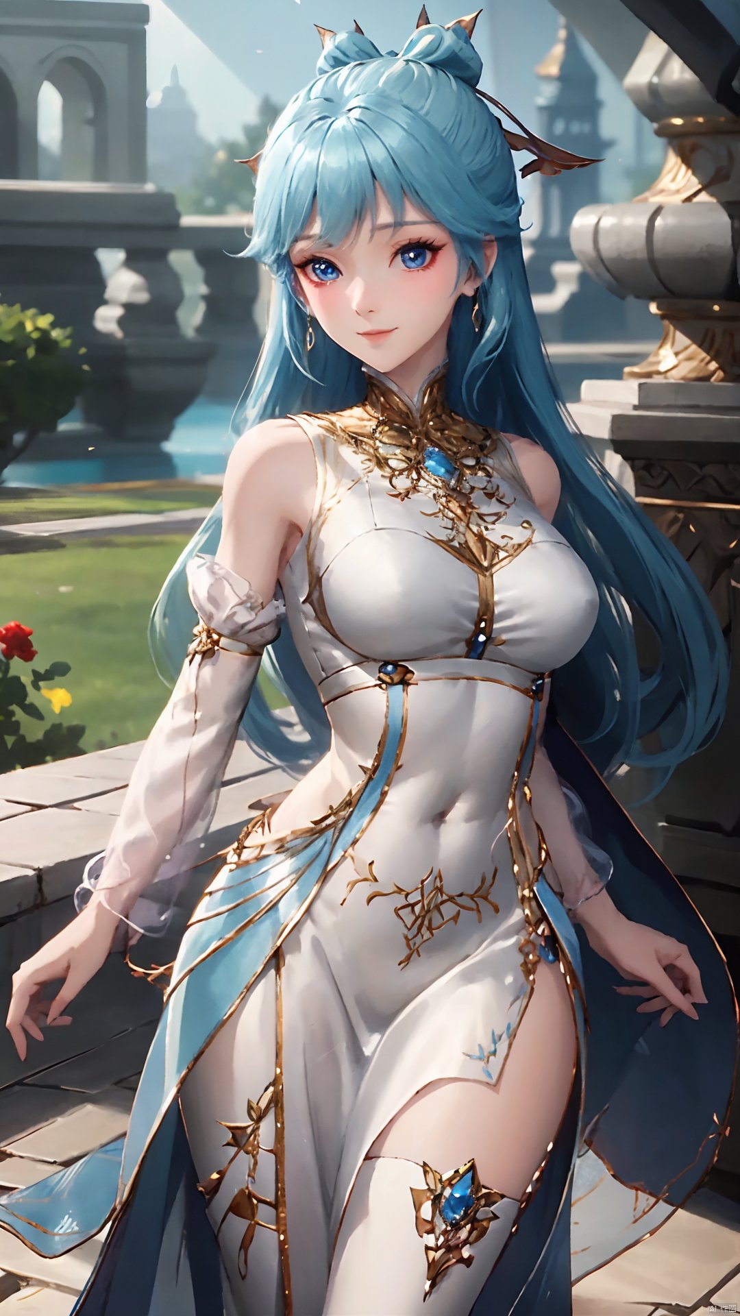 1girl, solo, dress, blue hair, jewelry, earrings, blue eyes, long hair, hair rings, hair ornament, detached sleeves, looking at viewer, mischevious smile, perfect body, scenery, sharp focus, best quality, masterpiece, detailed outfit, illustration, perfect eyes, finely detailed beautiful anime eyes, realistic skin, intricate details, best lighting, depth of field, ultra high resolution,cowboy_shot, dynamic pose, dynamic angle,