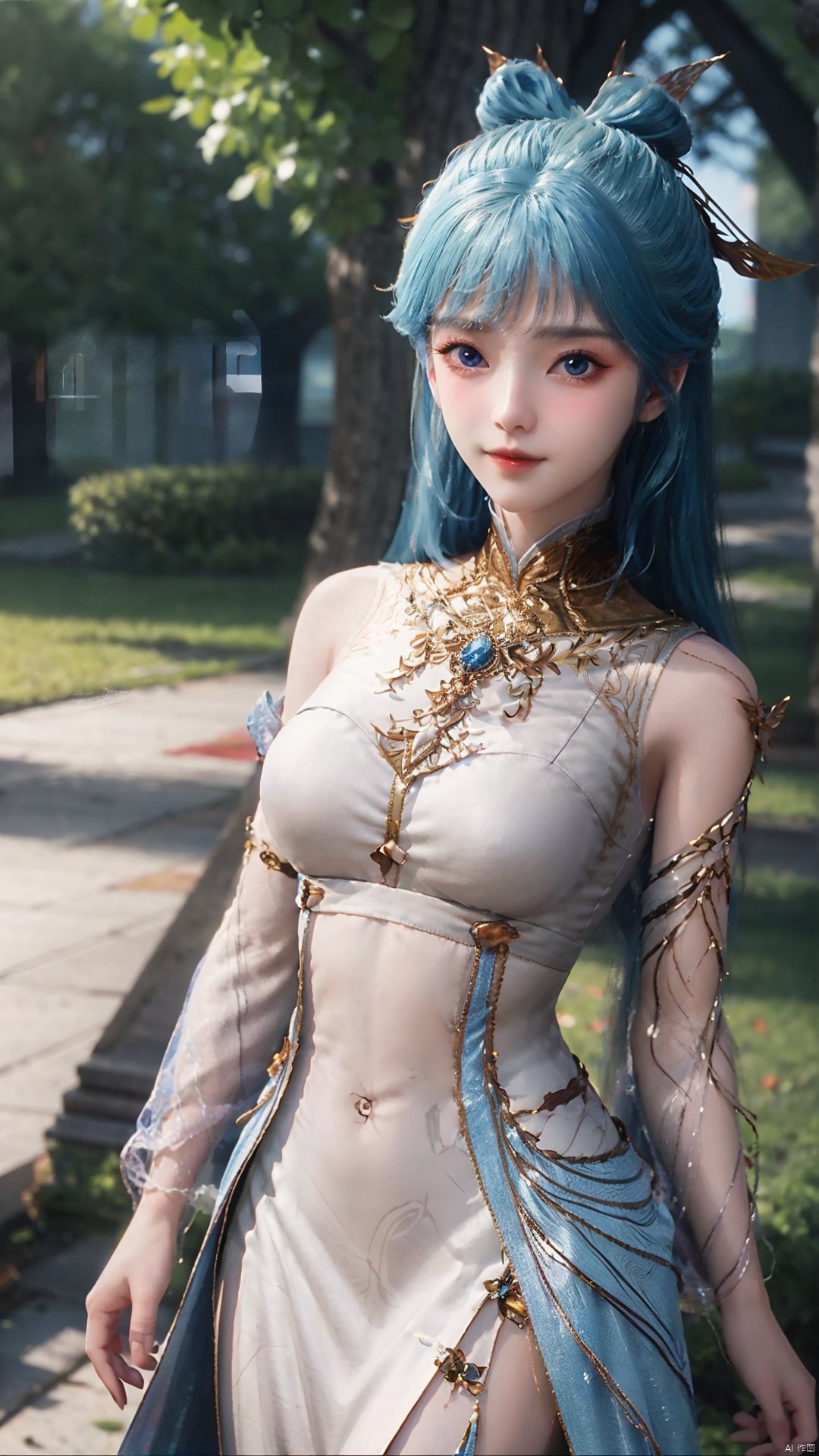 1girl, solo, dress, blue hair, jewelry, earrings, blue eyes, long hair, hair rings, hair ornament, detached sleeves, looking at viewer, mischevious smile, perfect body, scenery, sharp focus, best quality, masterpiece, detailed outfit, illustration, perfect eyes, finely detailed beautiful anime eyes, realistic skin, intricate details, best lighting, depth of field, ultra high resolution,cowboy_shot, dynamic pose, dynamic angle,