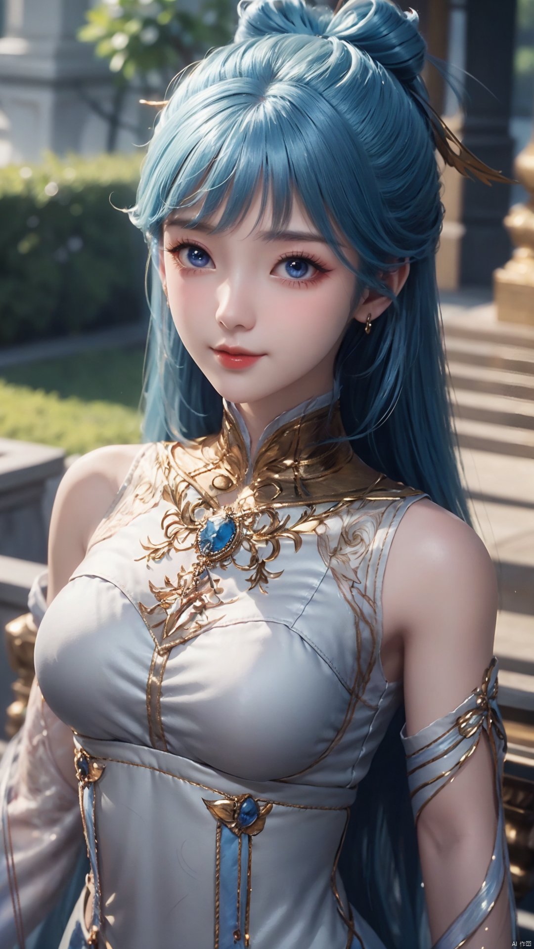 1girl, solo, dress, blue hair, jewelry, earrings, blue eyes, long hair, hair rings, hair ornament, detached sleeves, looking at viewer, mischevious smile, perfect body, scenery, sharp focus, best quality, masterpiece, detailed outfit, illustration, perfect eyes, finely detailed beautiful anime eyes, realistic skin, intricate details, best lighting, depth of field, ultra high resolution,cowboy_shot, dynamic pose, dynamic angle,