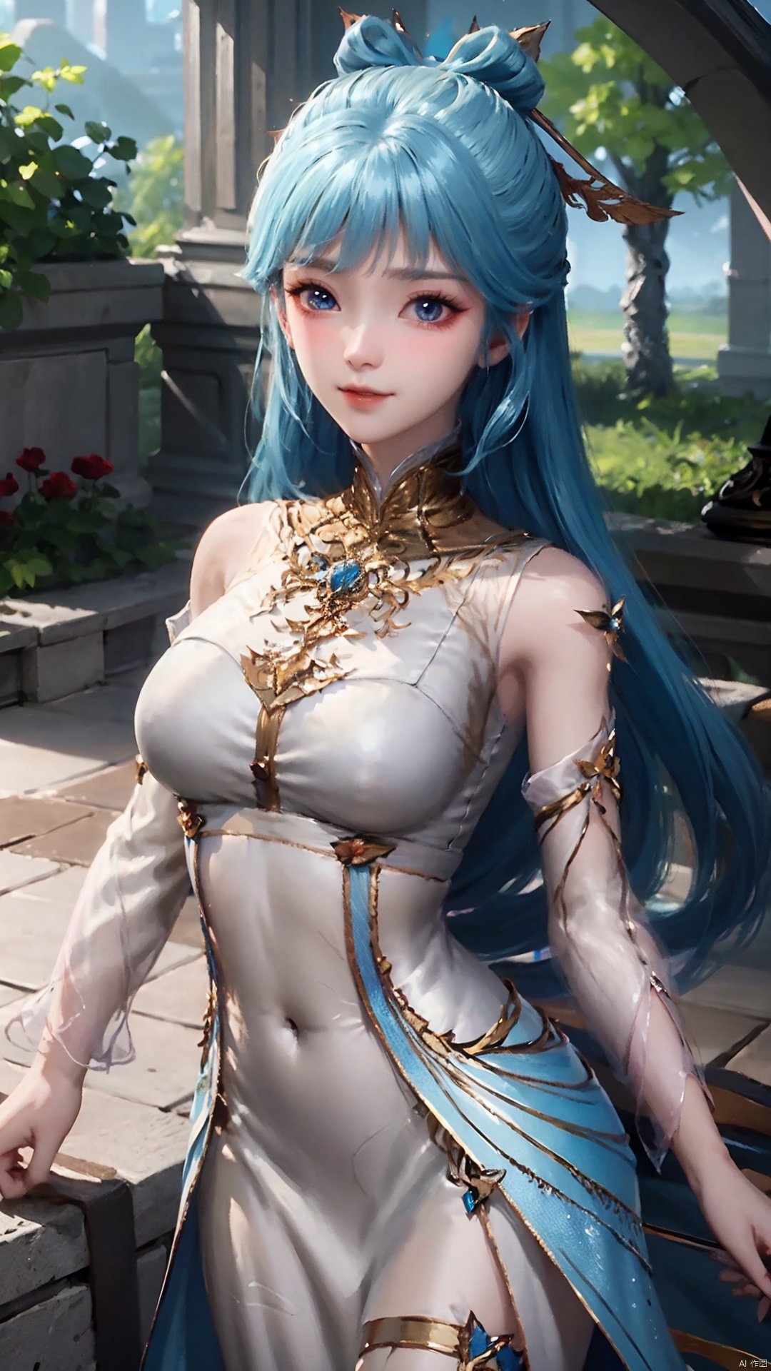 1girl, solo, dress, blue hair, jewelry, earrings, blue eyes, long hair, hair rings, hair ornament, detached sleeves, looking at viewer, mischevious smile, perfect body, scenery, sharp focus, best quality, masterpiece, detailed outfit, illustration, perfect eyes, finely detailed beautiful anime eyes, realistic skin, intricate details, best lighting, depth of field, ultra high resolution,cowboy_shot, dynamic pose, dynamic angle,