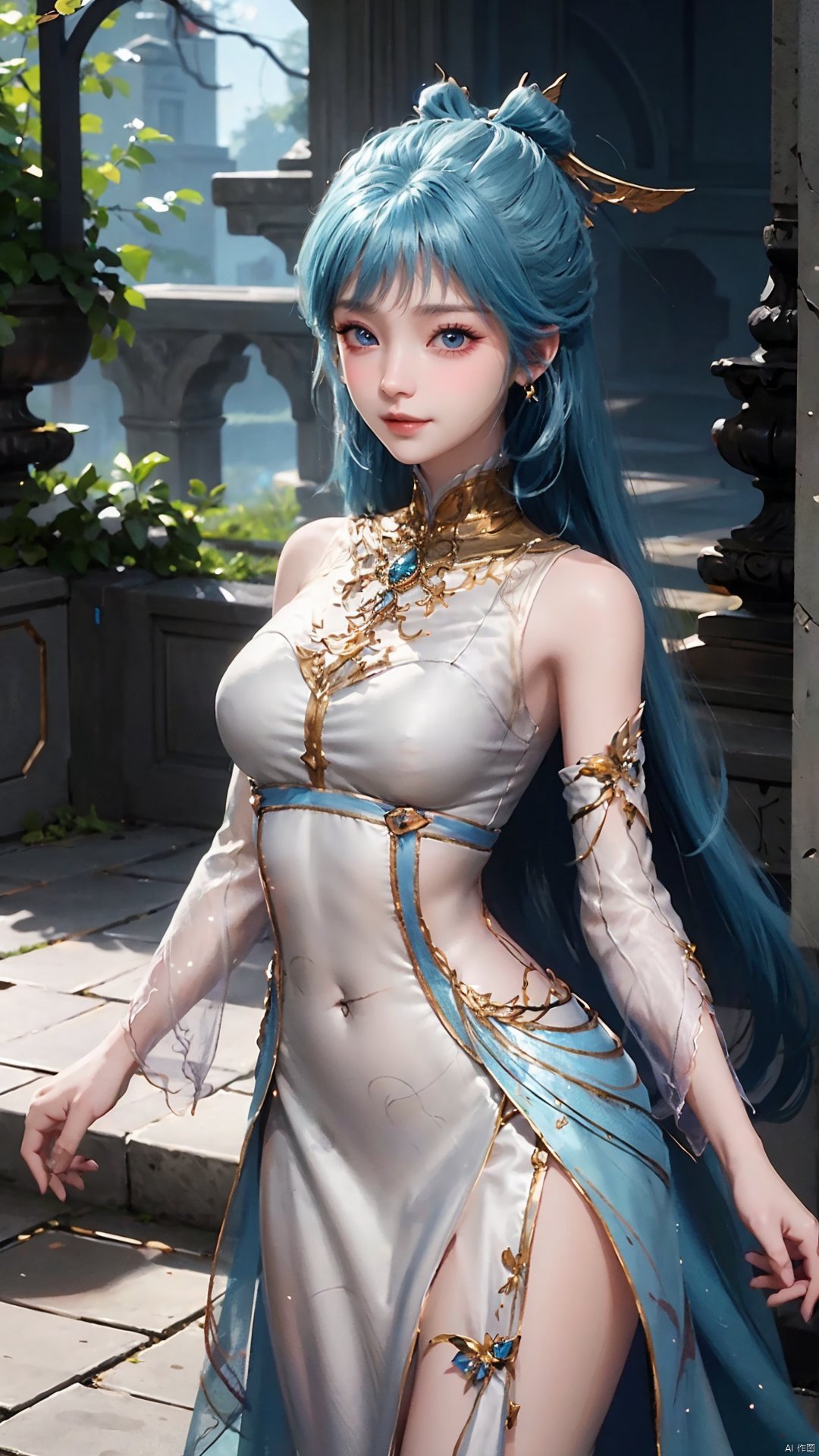 1girl, solo, dress, blue hair, jewelry, earrings, blue eyes, long hair, hair rings, hair ornament, detached sleeves, looking at viewer, mischevious smile, perfect body, scenery, sharp focus, best quality, masterpiece, detailed outfit, illustration, perfect eyes, finely detailed beautiful anime eyes, realistic skin, intricate details, best lighting, depth of field, ultra high resolution,cowboy_shot, dynamic pose, dynamic angle,