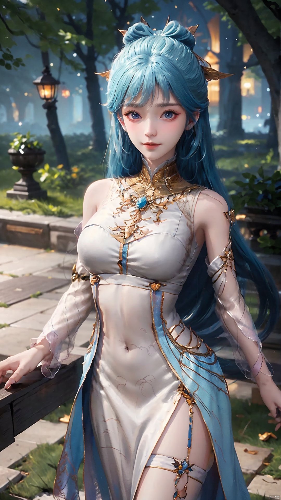 1girl, solo, dress, blue hair, jewelry, earrings, blue eyes, long hair, hair rings, hair ornament, detached sleeves, looking at viewer, mischevious smile, perfect body, scenery, sharp focus, best quality, masterpiece, detailed outfit, illustration, perfect eyes, finely detailed beautiful anime eyes, realistic skin, intricate details, best lighting, depth of field, ultra high resolution,cowboy_shot, dynamic pose, dynamic angle,