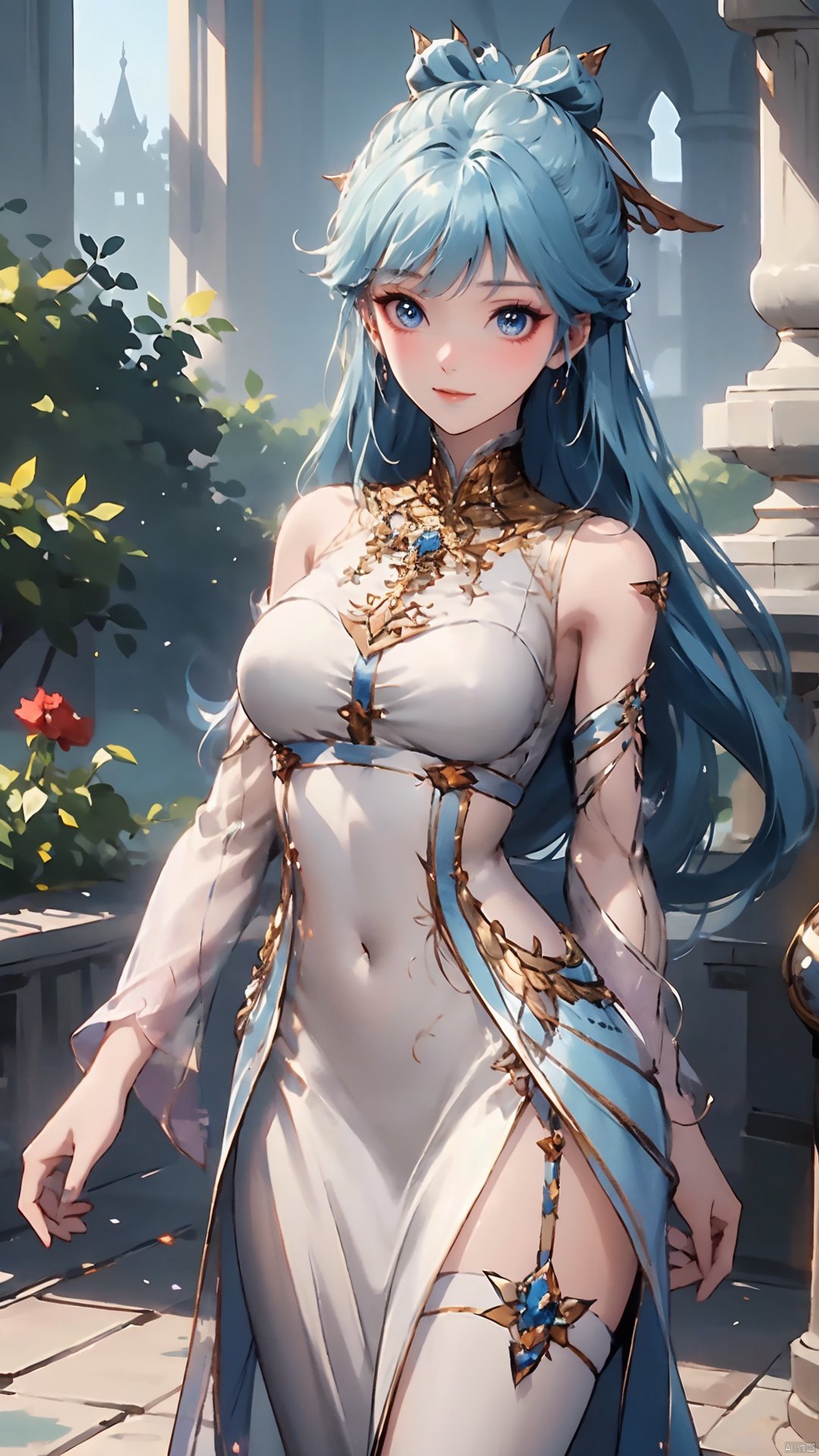 1girl, solo, dress, blue hair, jewelry, earrings, blue eyes, long hair, hair rings, hair ornament, detached sleeves, looking at viewer, mischevious smile, perfect body, scenery, sharp focus, best quality, masterpiece, detailed outfit, illustration, perfect eyes, finely detailed beautiful anime eyes, realistic skin, intricate details, best lighting, depth of field, ultra high resolution,cowboy_shot, dynamic pose, dynamic angle,