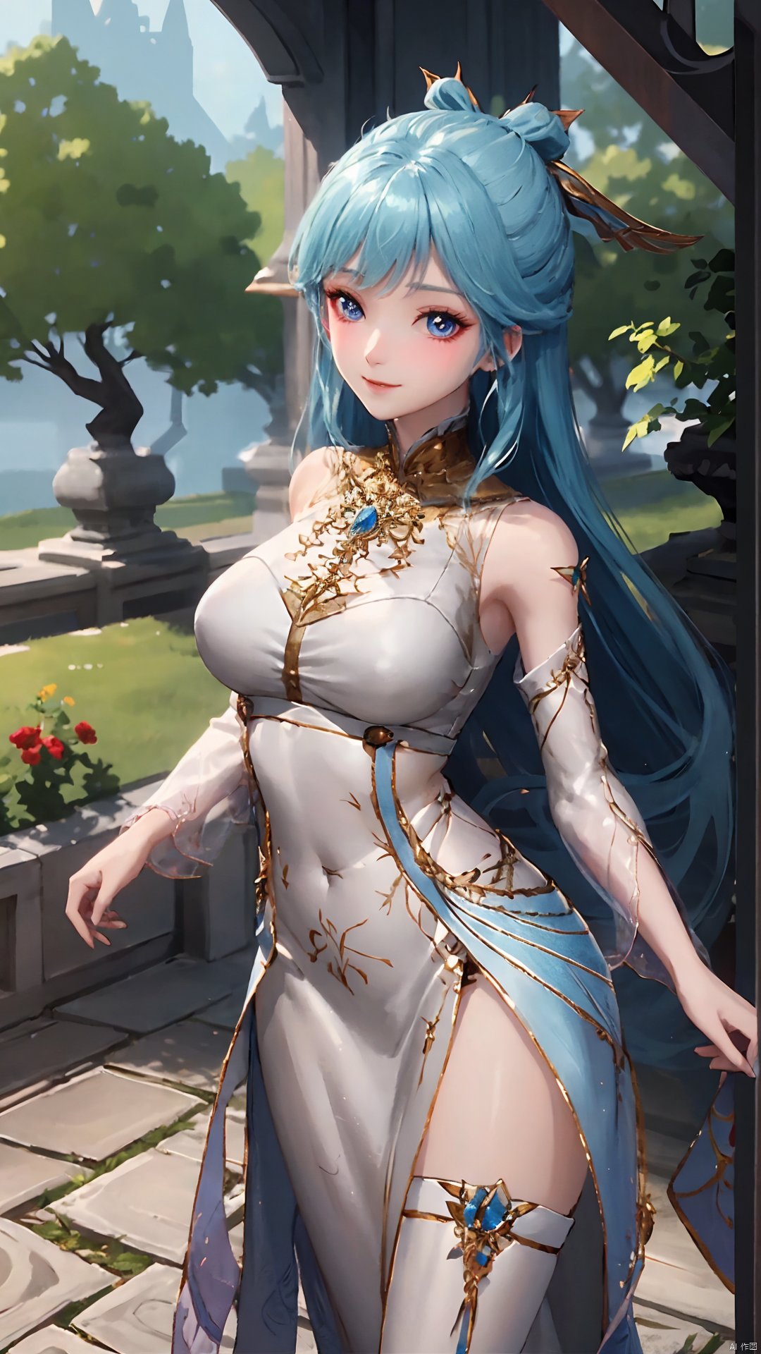 1girl, solo, dress, blue hair, jewelry, earrings, blue eyes, long hair, hair rings, hair ornament, detached sleeves, looking at viewer, mischevious smile, perfect body, scenery, sharp focus, best quality, masterpiece, detailed outfit, illustration, perfect eyes, finely detailed beautiful anime eyes, realistic skin, intricate details, best lighting, depth of field, ultra high resolution,cowboy_shot, dynamic pose, dynamic angle,