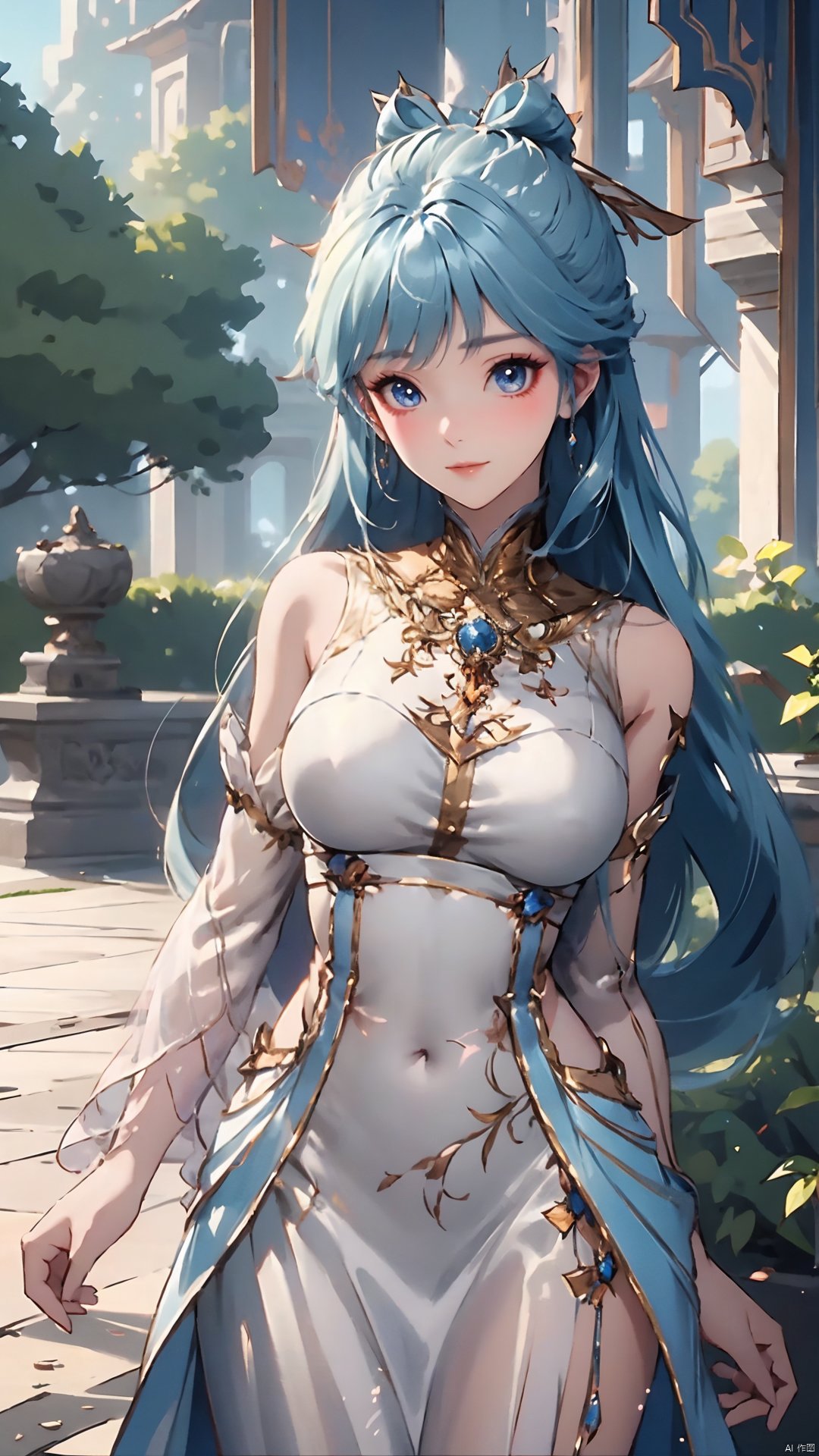 1girl, solo, dress, blue hair, jewelry, earrings, blue eyes, long hair, hair rings, hair ornament, detached sleeves, looking at viewer, mischevious smile, perfect body, scenery, sharp focus, best quality, masterpiece, detailed outfit, illustration, perfect eyes, finely detailed beautiful anime eyes, realistic skin, intricate details, best lighting, depth of field, ultra high resolution,cowboy_shot, dynamic pose, dynamic angle,