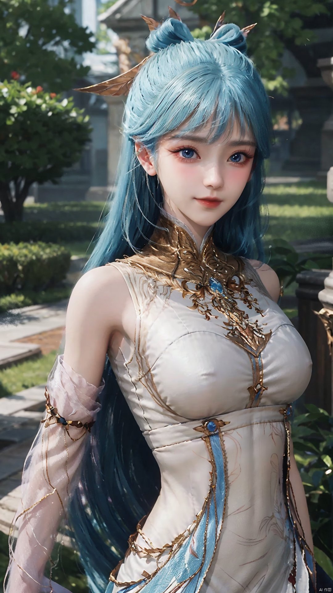 1girl, solo, dress, blue hair, jewelry, earrings, blue eyes, long hair, hair rings, hair ornament, detached sleeves, looking at viewer, mischevious smile, perfect body, scenery, sharp focus, best quality, masterpiece, detailed outfit, illustration, perfect eyes, finely detailed beautiful anime eyes, realistic skin, intricate details, best lighting, depth of field, ultra high resolution,cowboy_shot, dynamic pose, dynamic angle,