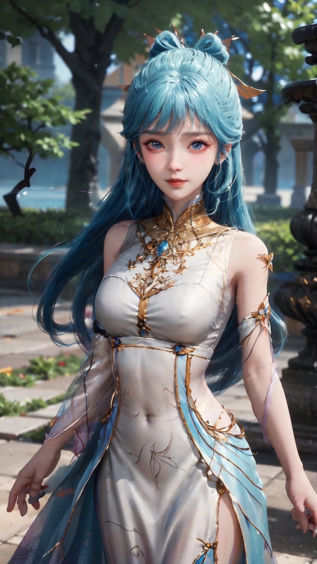 1girl, solo, dress, blue hair, jewelry, earrings, blue eyes, long hair, hair rings, hair ornament, detached sleeves, looking at viewer, mischevious smile, perfect body, scenery, sharp focus, best quality, masterpiece, detailed outfit, illustration, perfect eyes, finely detailed beautiful anime eyes, realistic skin, intricate details, best lighting, depth of field, ultra high resolution,cowboy_shot, dynamic pose, dynamic angle,