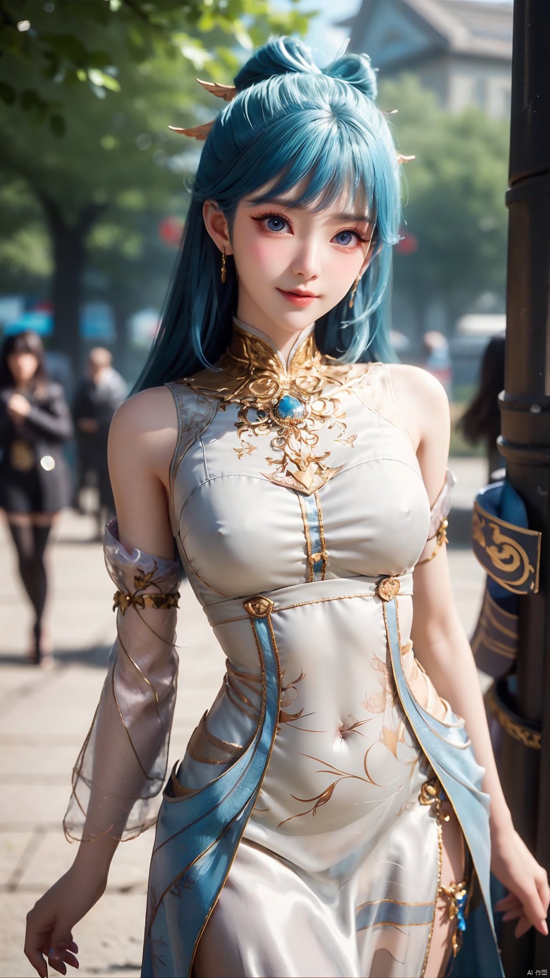 1girl, solo, dress, blue hair, jewelry, earrings, blue eyes, long hair, hair rings, hair ornament, detached sleeves, looking at viewer, mischevious smile, perfect body, scenery, sharp focus, best quality, masterpiece, detailed outfit, illustration, perfect eyes, finely detailed beautiful anime eyes, realistic skin, intricate details, best lighting, depth of field, ultra high resolution,cowboy_shot, dynamic pose, dynamic angle,