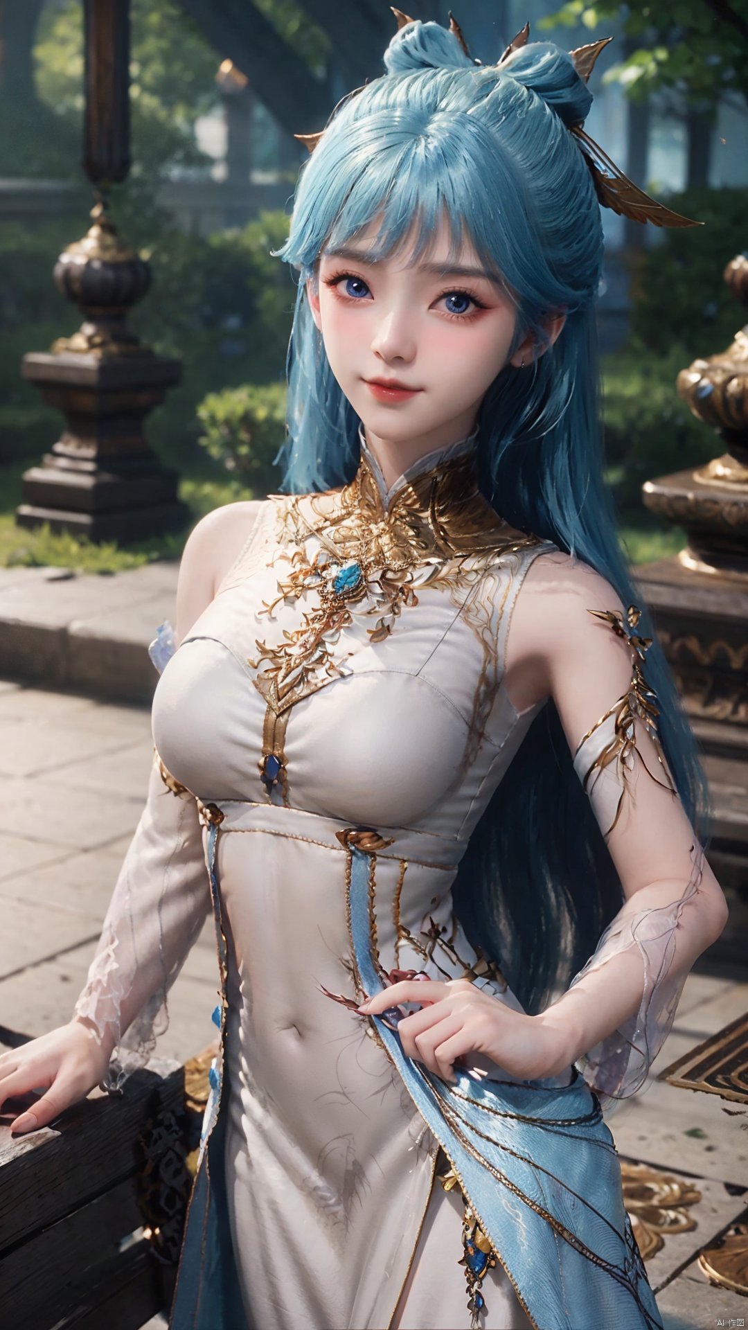 1girl, solo, dress, blue hair, jewelry, earrings, blue eyes, long hair, hair rings, hair ornament, detached sleeves, looking at viewer, mischevious smile, perfect body, scenery, sharp focus, best quality, masterpiece, detailed outfit, illustration, perfect eyes, finely detailed beautiful anime eyes, realistic skin, intricate details, best lighting, depth of field, ultra high resolution,cowboy_shot, dynamic pose, dynamic angle,