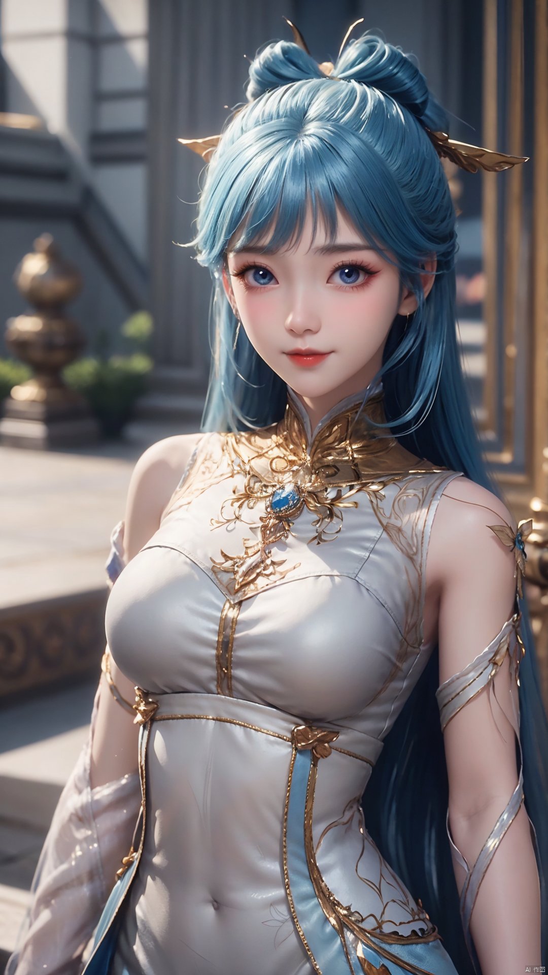 1girl, solo, dress, blue hair, jewelry, earrings, blue eyes, long hair, hair rings, hair ornament, detached sleeves, looking at viewer, mischevious smile, perfect body, scenery, sharp focus, best quality, masterpiece, detailed outfit, illustration, perfect eyes, finely detailed beautiful anime eyes, realistic skin, intricate details, best lighting, depth of field, ultra high resolution,cowboy_shot, dynamic pose, dynamic angle,