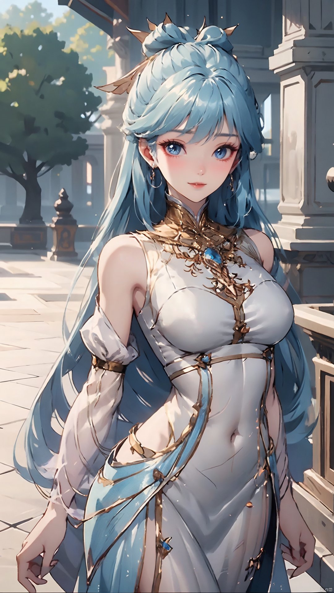 1girl, solo, dress, blue hair, jewelry, earrings, blue eyes, long hair, hair rings, hair ornament, detached sleeves, looking at viewer, mischevious smile, perfect body, scenery, sharp focus, best quality, masterpiece, detailed outfit, illustration, perfect eyes, finely detailed beautiful anime eyes, realistic skin, intricate details, best lighting, depth of field, ultra high resolution,cowboy_shot, dynamic pose, dynamic angle,