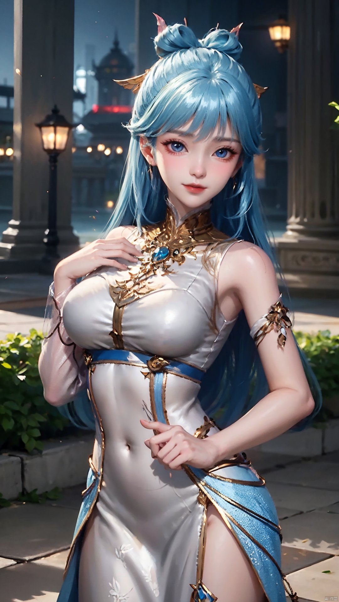 1girl, solo, dress, blue hair, jewelry, earrings, blue eyes, long hair, hair rings, hair ornament, detached sleeves, looking at viewer, mischevious smile, perfect body, scenery, sharp focus, best quality, masterpiece, detailed outfit, illustration, perfect eyes, finely detailed beautiful anime eyes, realistic skin, intricate details, best lighting, depth of field, ultra high resolution,cowboy_shot, dynamic pose, dynamic angle,