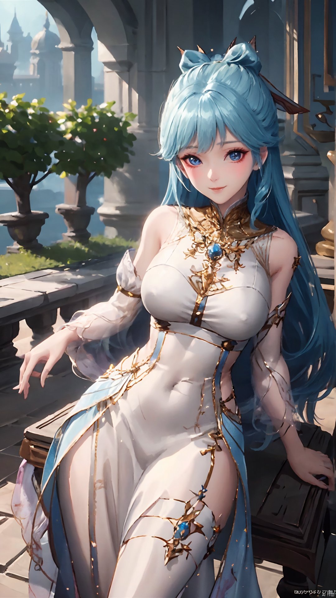 1girl, solo, dress, blue hair, jewelry, earrings, blue eyes, long hair, hair rings, hair ornament, detached sleeves, looking at viewer, mischevious smile, perfect body, scenery, sharp focus, best quality, masterpiece, detailed outfit, illustration, perfect eyes, finely detailed beautiful anime eyes, realistic skin, intricate details, best lighting, depth of field, ultra high resolution,cowboy_shot, dynamic pose, dynamic angle,