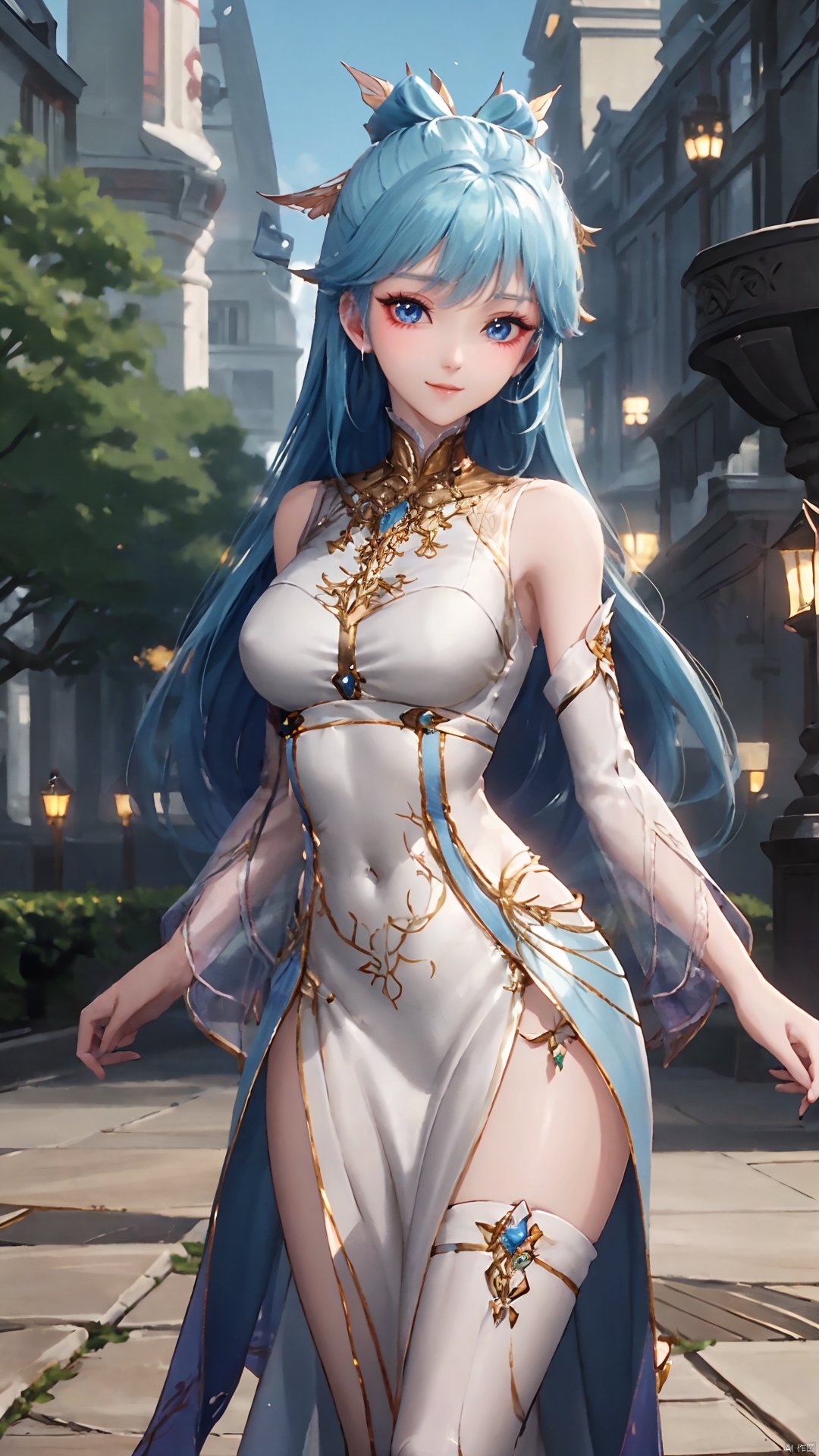 1girl, solo, dress, blue hair, jewelry, earrings, blue eyes, long hair, hair rings, hair ornament, detached sleeves, looking at viewer, mischevious smile, perfect body, scenery, sharp focus, best quality, masterpiece, detailed outfit, illustration, perfect eyes, finely detailed beautiful anime eyes, realistic skin, intricate details, best lighting, depth of field, ultra high resolution,cowboy_shot, dynamic pose, dynamic angle,