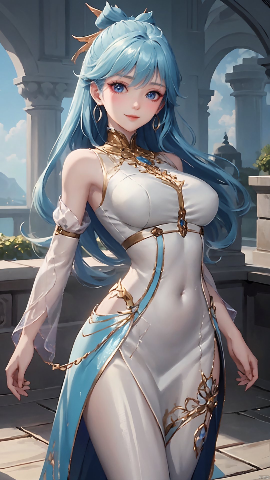 1girl, solo, dress, blue hair, jewelry, earrings, blue eyes, long hair, hair rings, hair ornament, detached sleeves, looking at viewer, mischevious smile, perfect body, scenery, sharp focus, best quality, masterpiece, detailed outfit, illustration, perfect eyes, finely detailed beautiful anime eyes, realistic skin, intricate details, best lighting, depth of field, ultra high resolution,cowboy_shot, dynamic pose, dynamic angle,