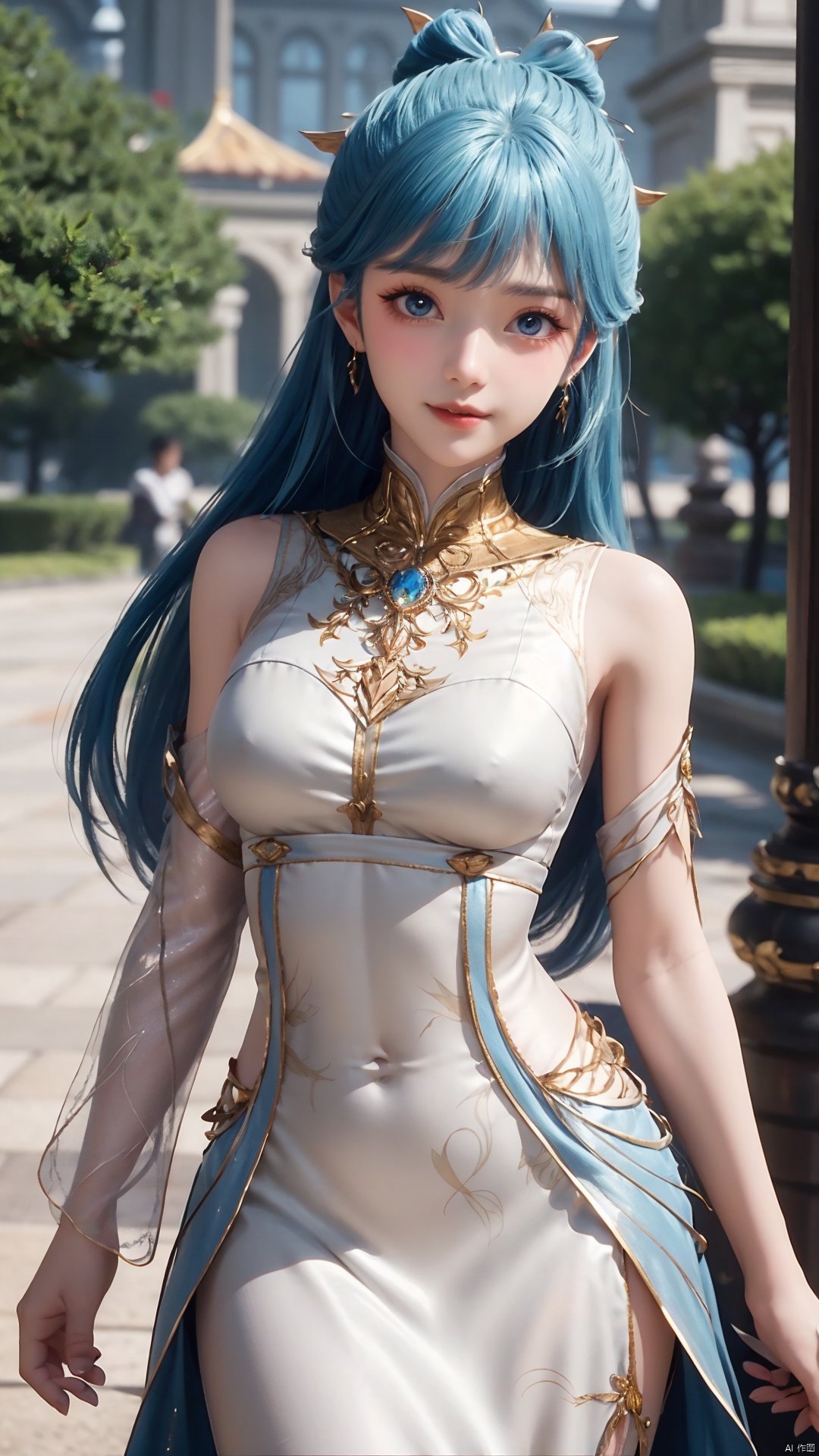 1girl, solo, dress, blue hair, jewelry, earrings, blue eyes, long hair, hair rings, hair ornament, detached sleeves, looking at viewer, mischevious smile, perfect body, scenery, sharp focus, best quality, masterpiece, detailed outfit, illustration, perfect eyes, finely detailed beautiful anime eyes, realistic skin, intricate details, best lighting, depth of field, ultra high resolution,cowboy_shot, dynamic pose, dynamic angle,