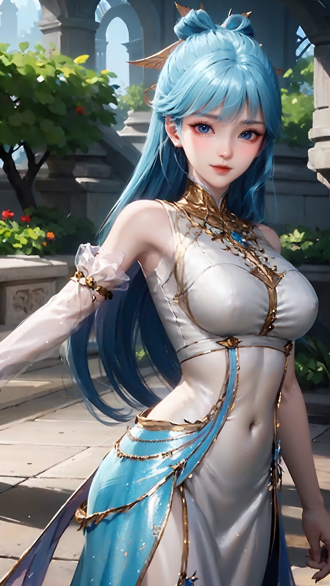 1girl, solo, dress, blue hair, jewelry, earrings, blue eyes, long hair, hair rings, hair ornament, detached sleeves, looking at viewer, mischevious smile, perfect body, scenery, sharp focus, best quality, masterpiece, detailed outfit, illustration, perfect eyes, finely detailed beautiful anime eyes, realistic skin, intricate details, best lighting, depth of field, ultra high resolution,cowboy_shot, dynamic pose, dynamic angle,