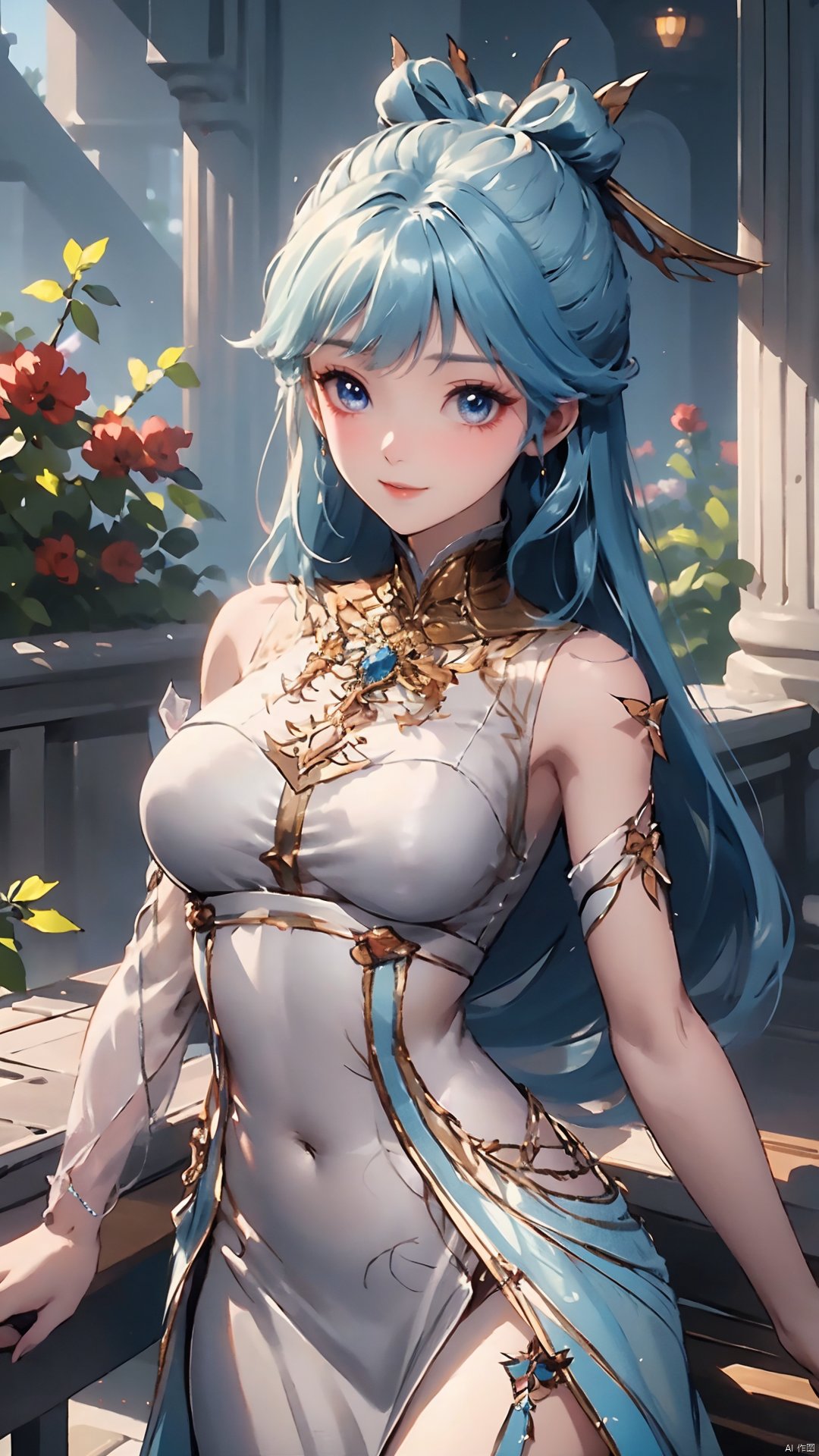 1girl, solo, dress, blue hair, jewelry, earrings, blue eyes, long hair, hair rings, hair ornament, detached sleeves, looking at viewer, mischevious smile, perfect body, scenery, sharp focus, best quality, masterpiece, detailed outfit, illustration, perfect eyes, finely detailed beautiful anime eyes, realistic skin, intricate details, best lighting, depth of field, ultra high resolution,cowboy_shot, dynamic pose, dynamic angle,