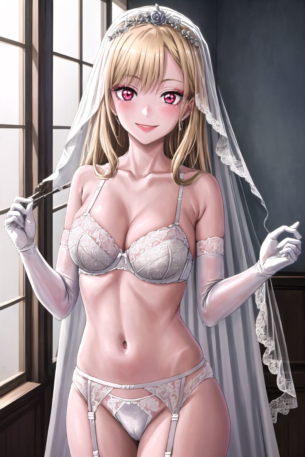 Highly detailed, High quality, Masterpiece, Beautiful, high detailed, Anime, 1girl, solo, (cowboy shot),blush, long hair,blonde  hair,red eyes, bangs,
 smile, looking at viewer, itsuki nakano,Bridal veil, White lingerie,White panties,White bra,White elbow gloves,Marin Kitagawa