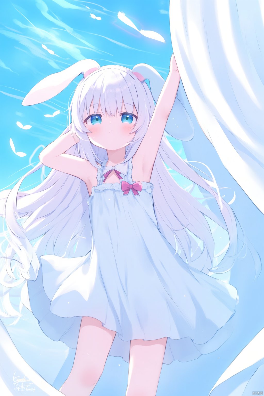 An animated image of a girl with long white hair and blue eyes. The girl is wearing a white dress with a pink bow in her right hand. Her left hand is raised in the air with her left hand on her hip. Her right hand is draped over a white curtain. The background is a bright blue sky with white lines running across it.