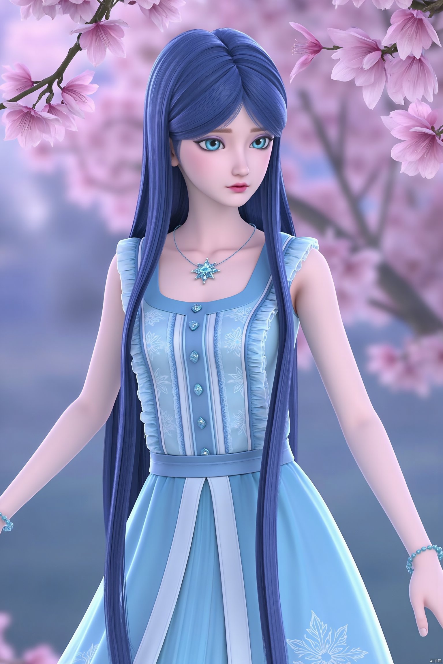 (best quality, masterpiece,best quality,official art,extremely detailed CG unity 8k wallpaper:1.2),cherry blossoms,1girl,solo,long hair,looking at viewer,blue eyes,dress,jewelry,blue hair,sleeveless,necklace,bracelet,blue dress,