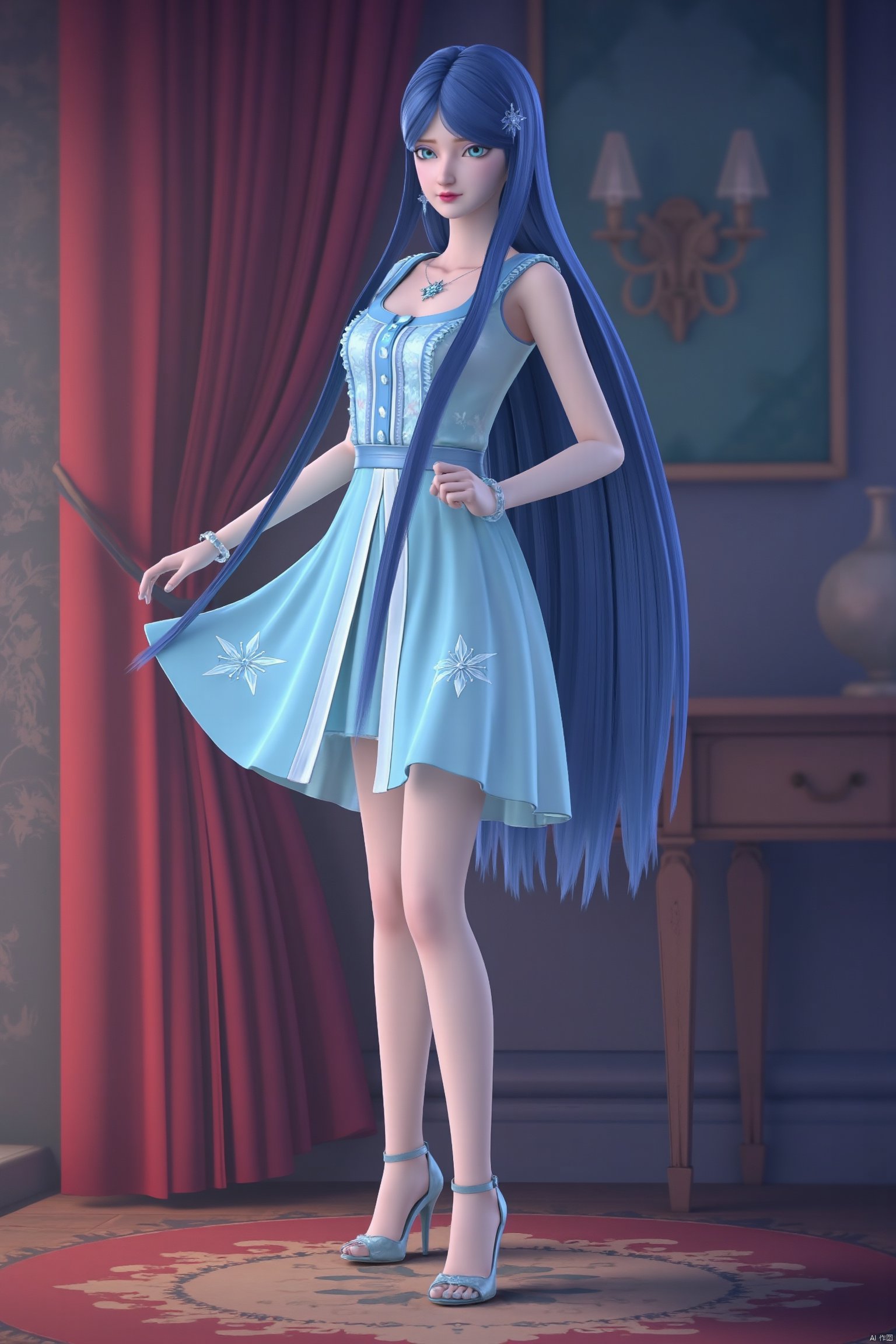 high heels,indoors,(best quality, masterpiece,best quality,official art,extremely detailed CG unity 8k wallpaper:1.2),1girl,solo,long hair,looking at viewer,blue eyes,dress,jewelry,blue hair,sleeveless,necklace,bracelet,blue dress,(wariza:1.3)