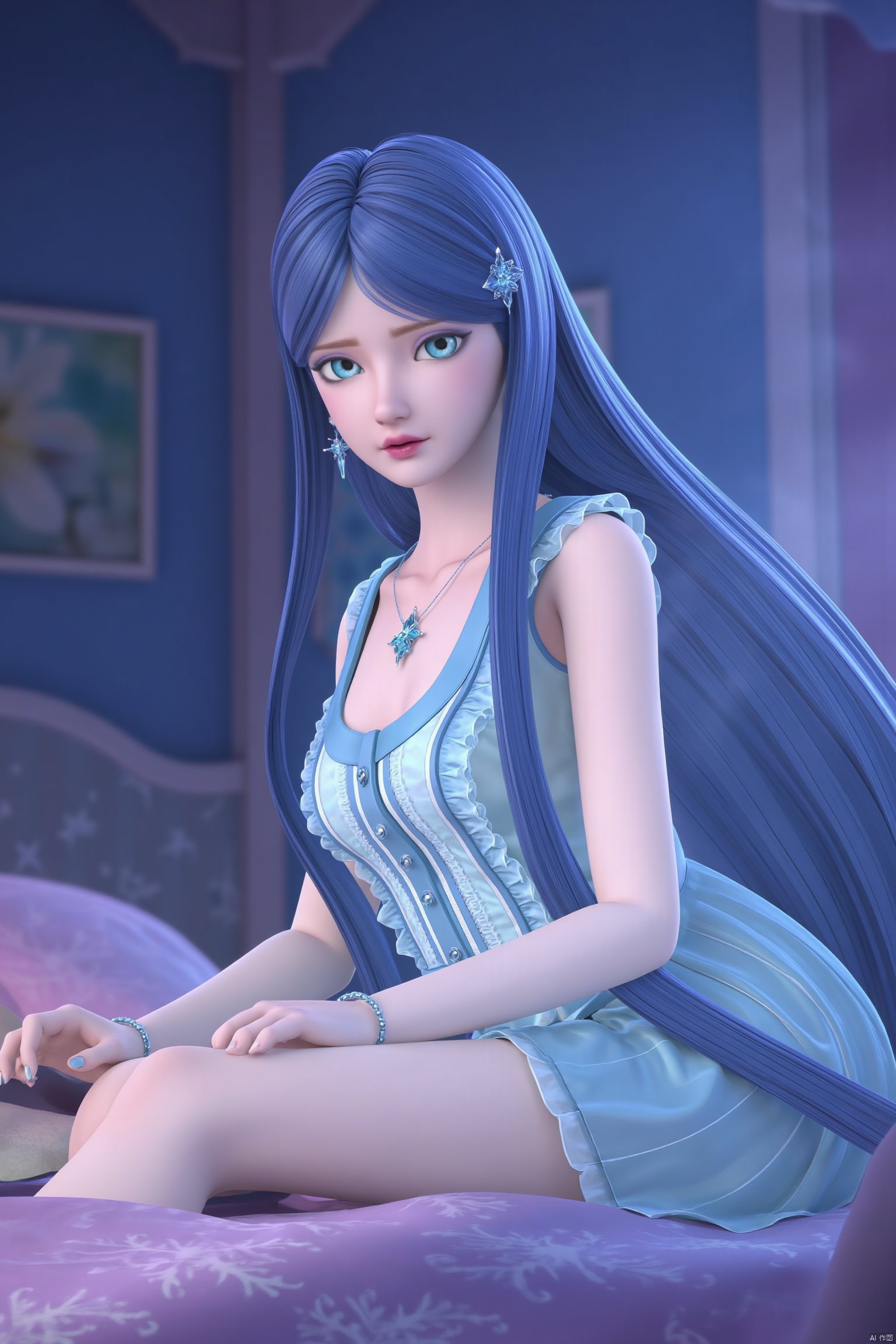 wariza,bed,indoors,(best quality, masterpiece,best quality,official art,extremely detailed CG unity 8k wallpaper:1.2),1girl,solo,long hair,looking at viewer,blue eyes,dress,jewelry,blue hair,sleeveless,necklace,bracelet,blue dress,