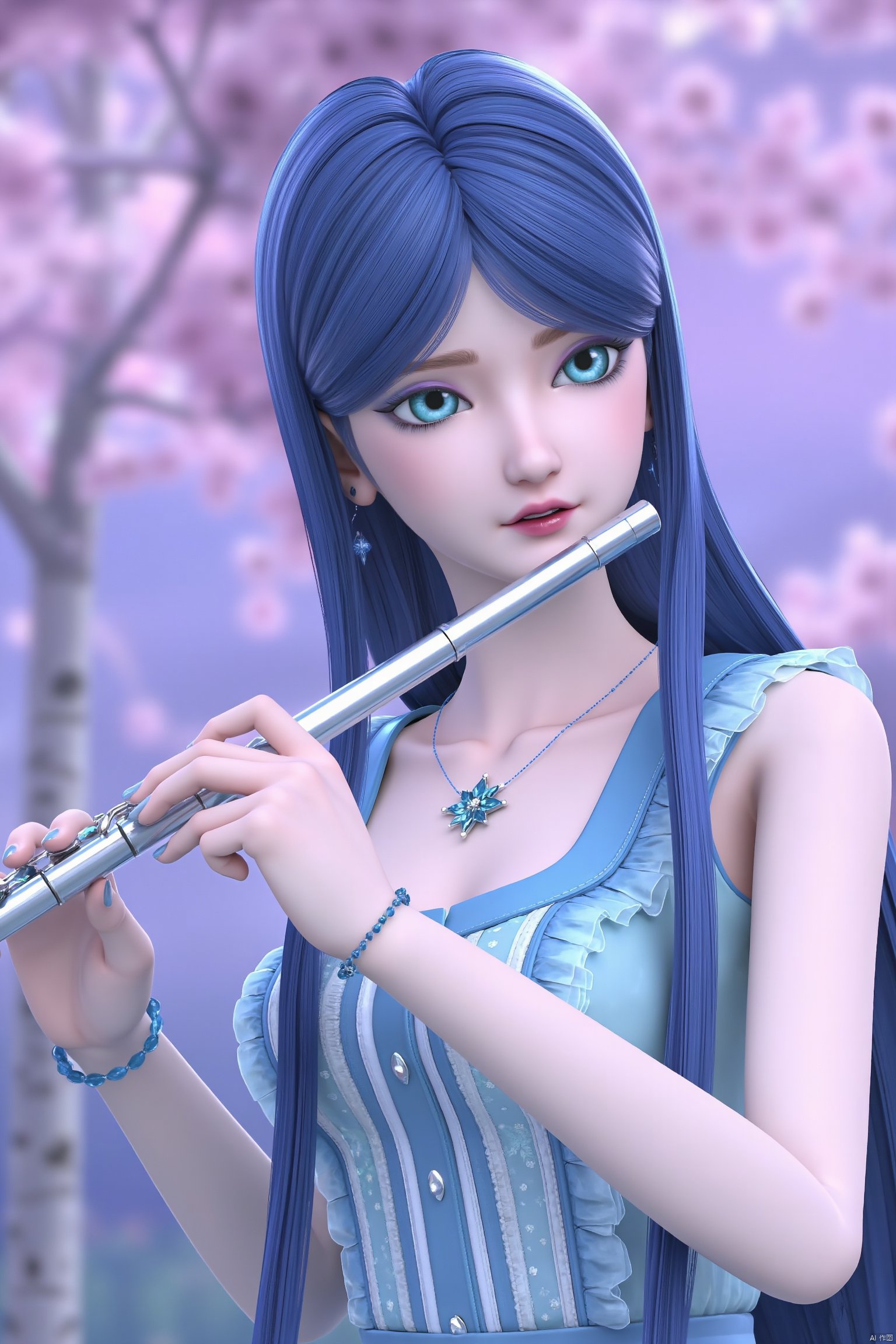 (best quality, masterpiece,best quality,official art,extremely detailed CG unity 8k wallpaper:1.2),cherry blossoms,1girl,solo,long hair,looking at viewer,blue eyes,dress,jewelry,blue hair,sleeveless,necklace,bracelet,blue dress,play the flute