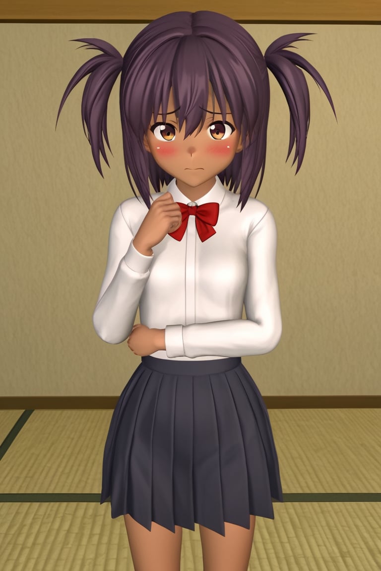  1girl, dark skin, solo, 3d, torimaacttwo, purple hair, twintails, white shirt, long sleeves, bowtie, skirt, standing, indoors, tatami room, looking at viewer, nervous, 