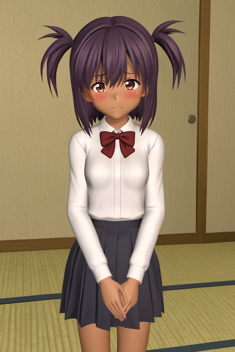  1girl, dark skin, solo, 3d, torimaacttwo, purple hair, twintails, white shirt, long sleeves, bowtie, skirt, standing, indoors, tatami room, looking at viewer, nervous, 