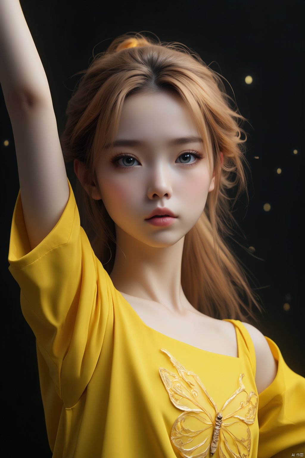 masterpiece, best quality, ultra-detailed, detailed pupils, a Chinese girl stands in front of a dark backdrop. She is wearing a yellow dress, adorned with a gold butterfly on her chest. Her left arm is raised in the air, while her right arm is stretched out to the side. Her eyes are a piercing blue, her hair is a light brown, and her lips are a darker shade of brown. She has a serious expression on her face. Her hair is pulled back in a ponytail, adding a pop of color to the otherwise monochromatic image, real photos, cinematic, high quality, studio lighting,HD, 32k, best quality, 8k, super clean,xihua