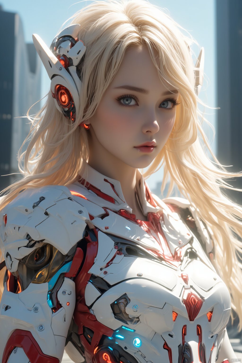 masterpiece, best quality, ultra-detailed, detailed pupils,a close-up of a girl with long blonde hair and blue eyes stands in front of a blurred backdrop of skyscrapers. The girl's eyes are a piercing blue, and her lips are painted a pinkish-red color. Her hair cascades over her shoulders, framing her face, adding a pop of color to the scene. She is dressed in a white and red robot-like outfit, adorned with red and blue lights. The robot's arms are positioned in a way that creates a striking contrast, real photos, cinematic, high quality, studio lighting,HD, 32k, best quality, 8k, super clean,xihua