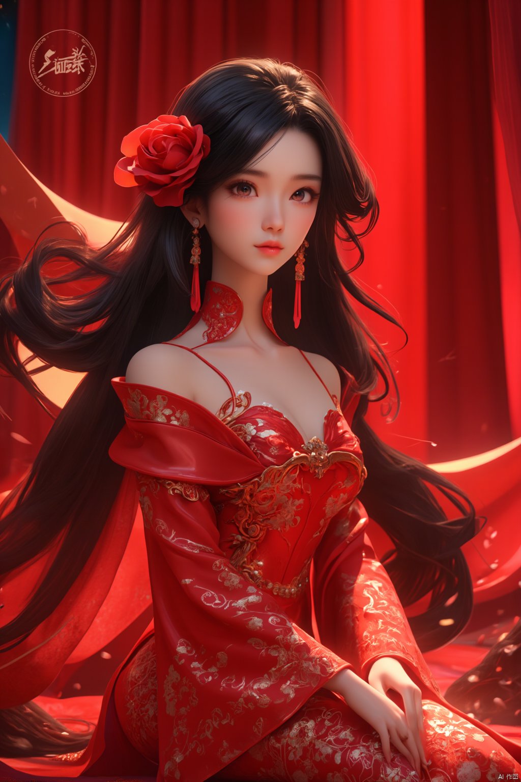 masterpiece, best quality, ultra-detailed, detailed pupils,a medium-sized animated woman is seated on a red carpet, her long black hair cascades over her shoulders, adorned with a red rose in her hair. She is dressed in a red dress adorned with gold embroidery and a gold belt. Her dress is adorned with white text, adding a touch of luxury to her outfit. Her eyes are a deep red, her lips are a lighter shade of red, while her hair is a darker shade of black. The backdrop is a vibrant red, with a large window in the background, real photos, cinematic, high quality, studio lighting,HD, 32k, best quality, 8k, super clean,xihua