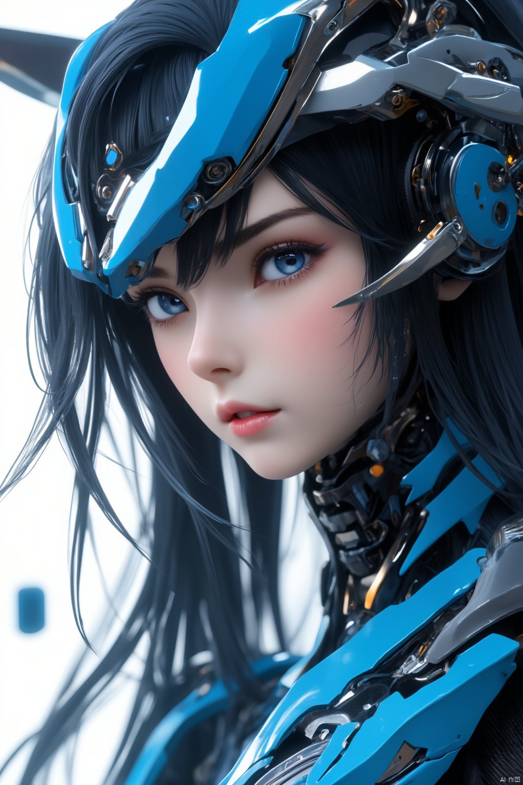 masterpiece, best quality, ultra-detailed, detailed pupils, a close-up shot of a female anime character with long black hair, blue eyes, and pink lips. Her eyes are a piercing blue, and her lips are a lighter shade of pink. Her eyebrows are a darker shade of blue, adding a pop of color to her face. She is wearing a blue and white mask, with a black strap around her neck, and a black helmet on her head. The background is a stark white, and there are a few blurred objects in the background, real photos, cinematic, high quality, studio lighting,HD, 32k, best quality, 8k, super clean,xihua