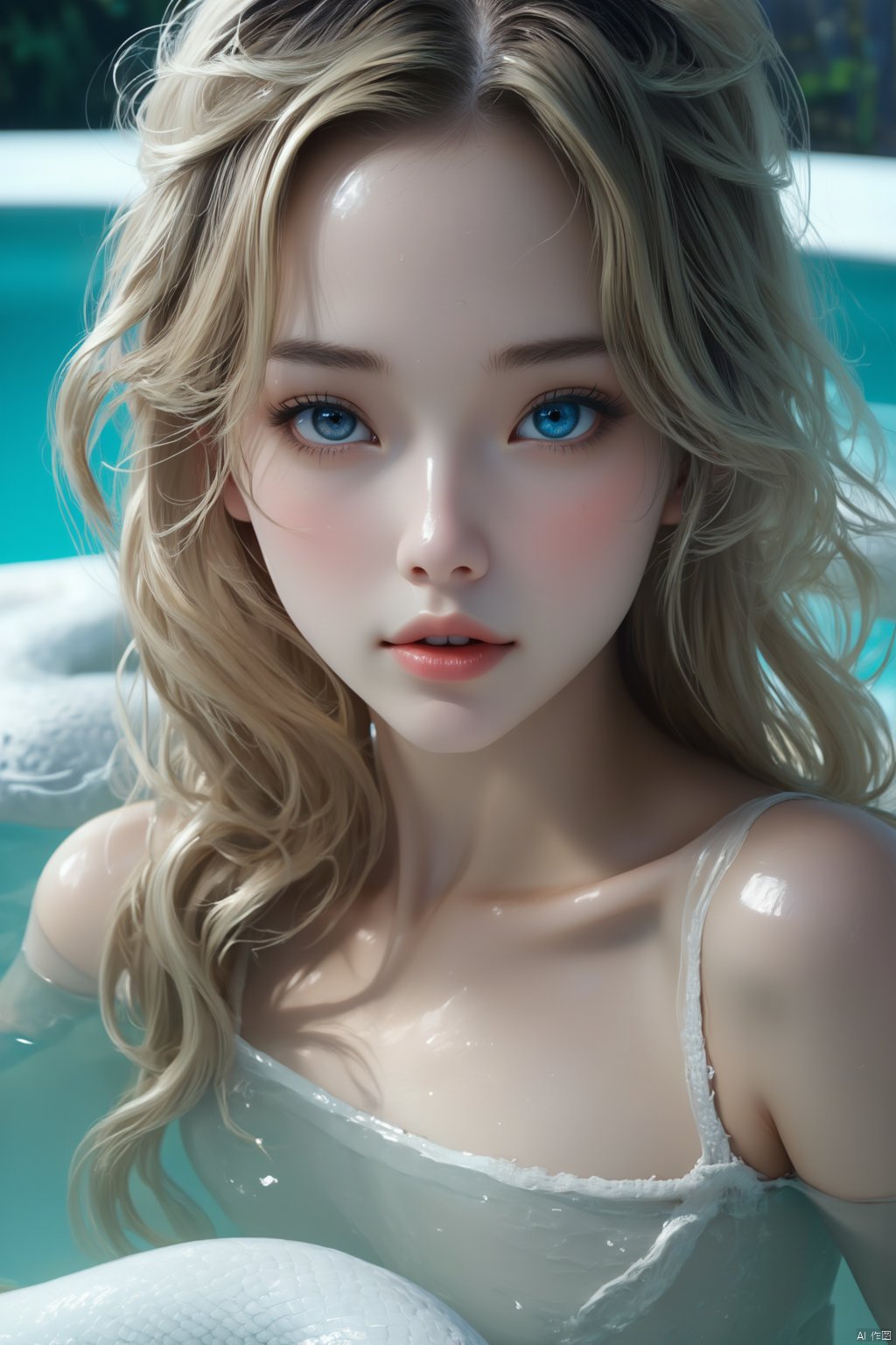 masterpiece, best quality, ultra-detailed, detailed pupils, An eye-level shot of a fair-haired woman with long, wavy blonde hair and blue eyes. Her eyes are a piercing blue, and her lips are a lighter shade of pink. Her hair cascades over her shoulders, framing her face. She is wearing a white lace bra, and she is swimming in a pool of water. The backdrop is blurred, and there is a white snake in the water, real photos, cinematic, high quality, studio lighting,HD, 32k, best quality, 8k, super clean,xihua