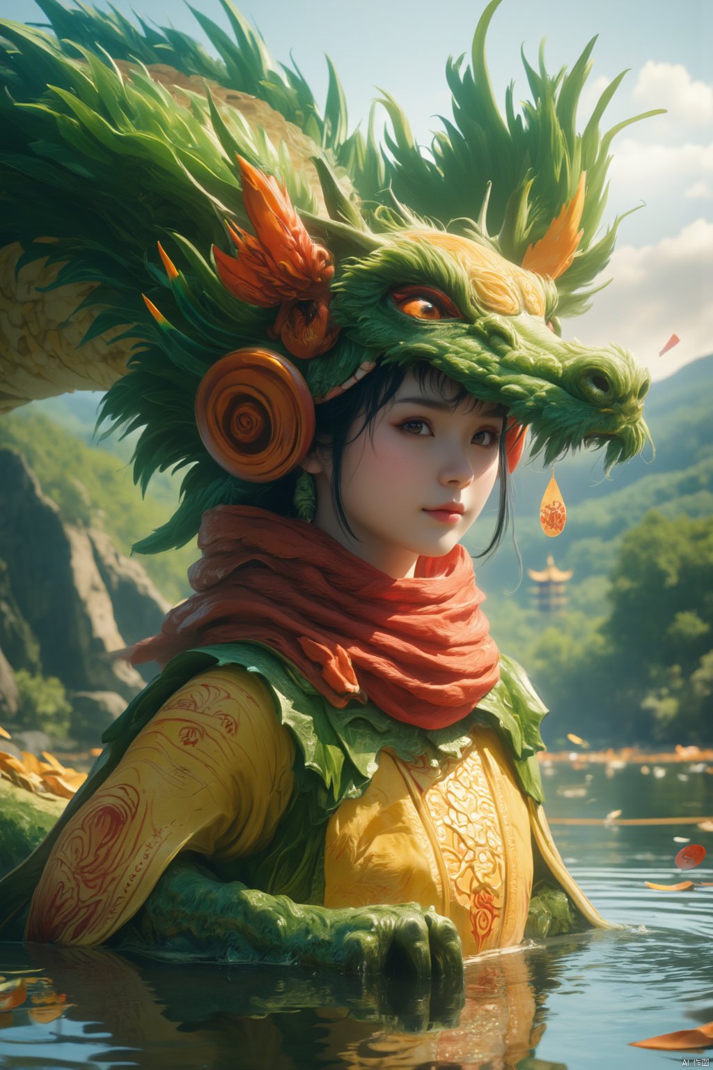 masterpiece, best quality, ultra-detailed, detailed pupils,a young Asian girl, dressed in a yellow shirt and a red scarf around her neck, is positioned on the edge of a pond of water. The girl's head is encased in a large green dragon head, adorned with a yellow crown. The dragon's mouth is adorned with red feathers, adding a pop of color to the scene. In the background, a pagoda-like structure is visible, adding depth to the composition, real photos, cinematic, high quality, studio lighting,HD, 32k, best quality, 8k, super clean,xihua