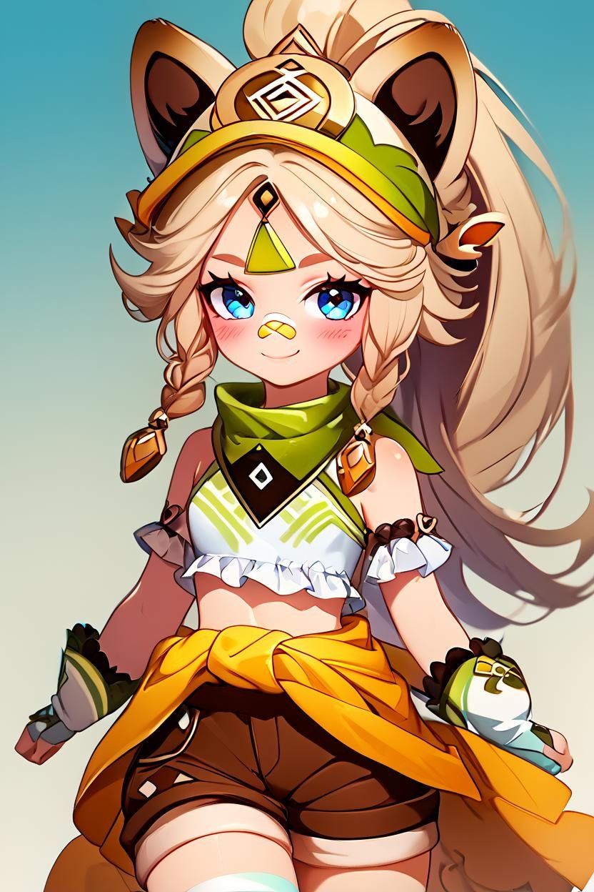 score_9, score_8_up, score_8, medium breasts, (curvy), cute, eyelashes,       BREAK, , <lora:Kachina_Genshin_PDXL:0.8>,  zzKachina, animal ears, blue eyes, long hair, side braids, high ponytail,  brown hair, bandaid on nose, green bandana, bandana around neck, clothes around waist, crop top, fur-trimmed gloves, white mittens, brown shorts,, , BREAK, closed mouth, alternate costume, smile, looking at viewer, blush,  zzLFashion, frilled dress, frills, bow, dress, striped thighhighs, sweetL, cowboy shot,  embedding:zPDXL, Expressiveh,  <lora:Vivid:0.7>,  <lora:LFashionPDXL:1>,  <lora:Uncensored_PonyXL_cpt_v02.09:0.4>,  <lora:Expressive_H-000001:0.4>,