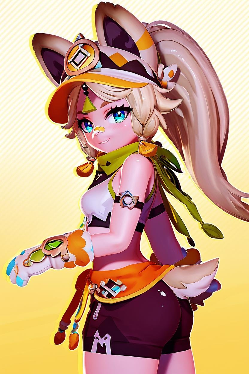 score_9, score_8_up, score_8, medium breasts, (curvy), cute, eyelashes,       BREAK, , <lora:Kachina_Genshin_PDXL:0.8>,  zzKachina, animal ears, blue eyes, long hair, side braids, high ponytail,  brown hair, bandaid on nose, green bandana, bandana around neck, clothes around waist, crop top, fur-trimmed gloves, white mittens, brown shorts,, , BREAK, smile, looking at viewer, cowboy shot, side view, ass,  embedding:zPDXL, Expressiveh, <lora:Zy0n7_PDXL:1.0>,  <lora:SDXLFaeTastic2400:0.5>,  <lora:Expressive_H-000001:0.4>,