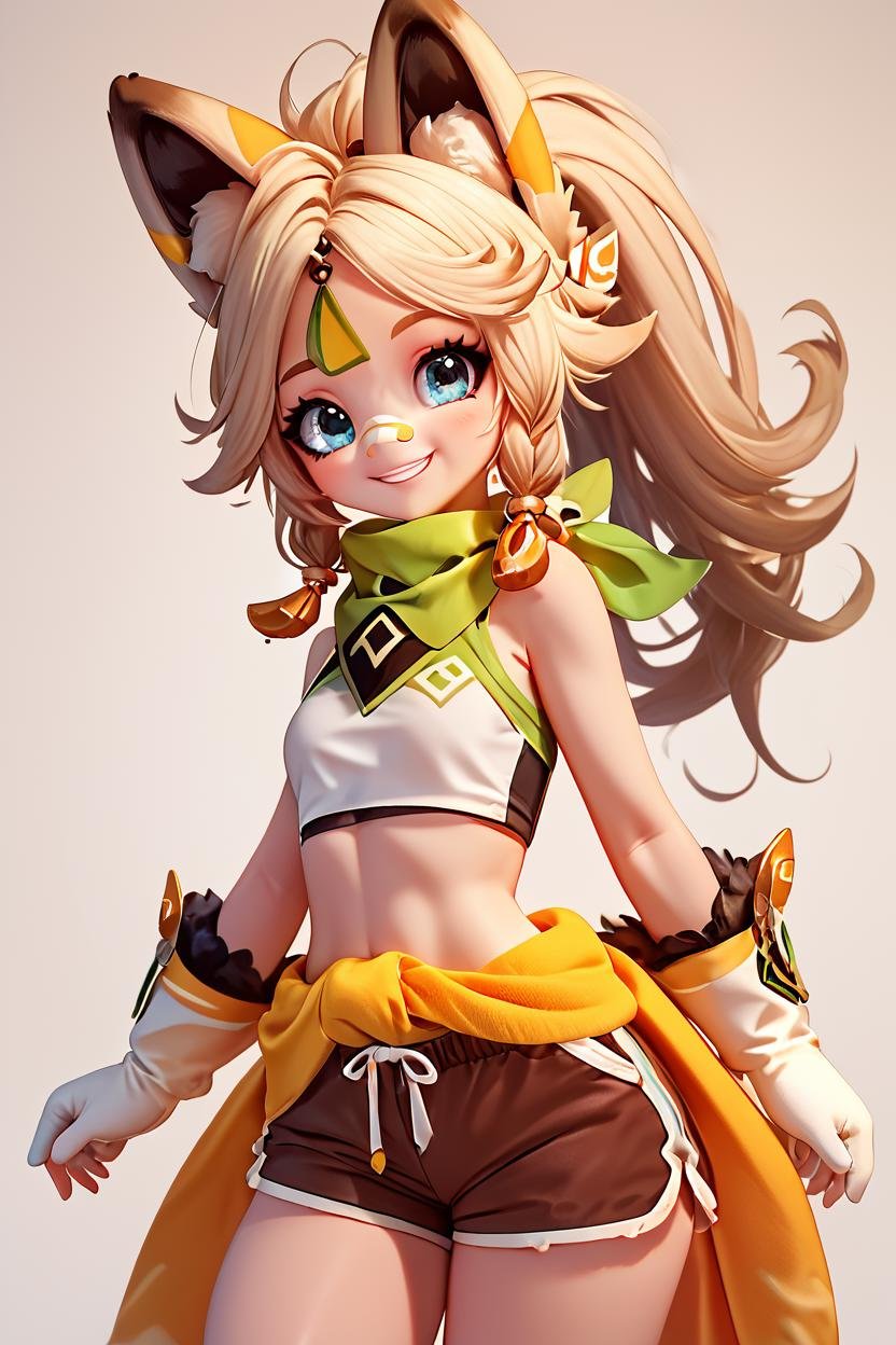 score_9, score_8_up, score_8, medium breasts, (curvy), cute, eyelashes,       BREAK, , <lora:Kachina_Genshin_PDXL:0.8>,  zzKachina, animal ears, blue eyes, long hair, side braids, high ponytail,  brown hair, bandaid on nose, green bandana, bandana around neck, clothes around waist, crop top, fur-trimmed gloves, white mittens, brown shorts,, , BREAK, (dolphin shorts:1), smile, looking at viewer, cowboy shot, embedding:zPDXL, Expressiveh, <lora:BeautifulCAT_PDXL:1.0>,  <lora:SDXLFaeTastic2400:0.5>,  <lora:Expressive_H-000001:0.4>,