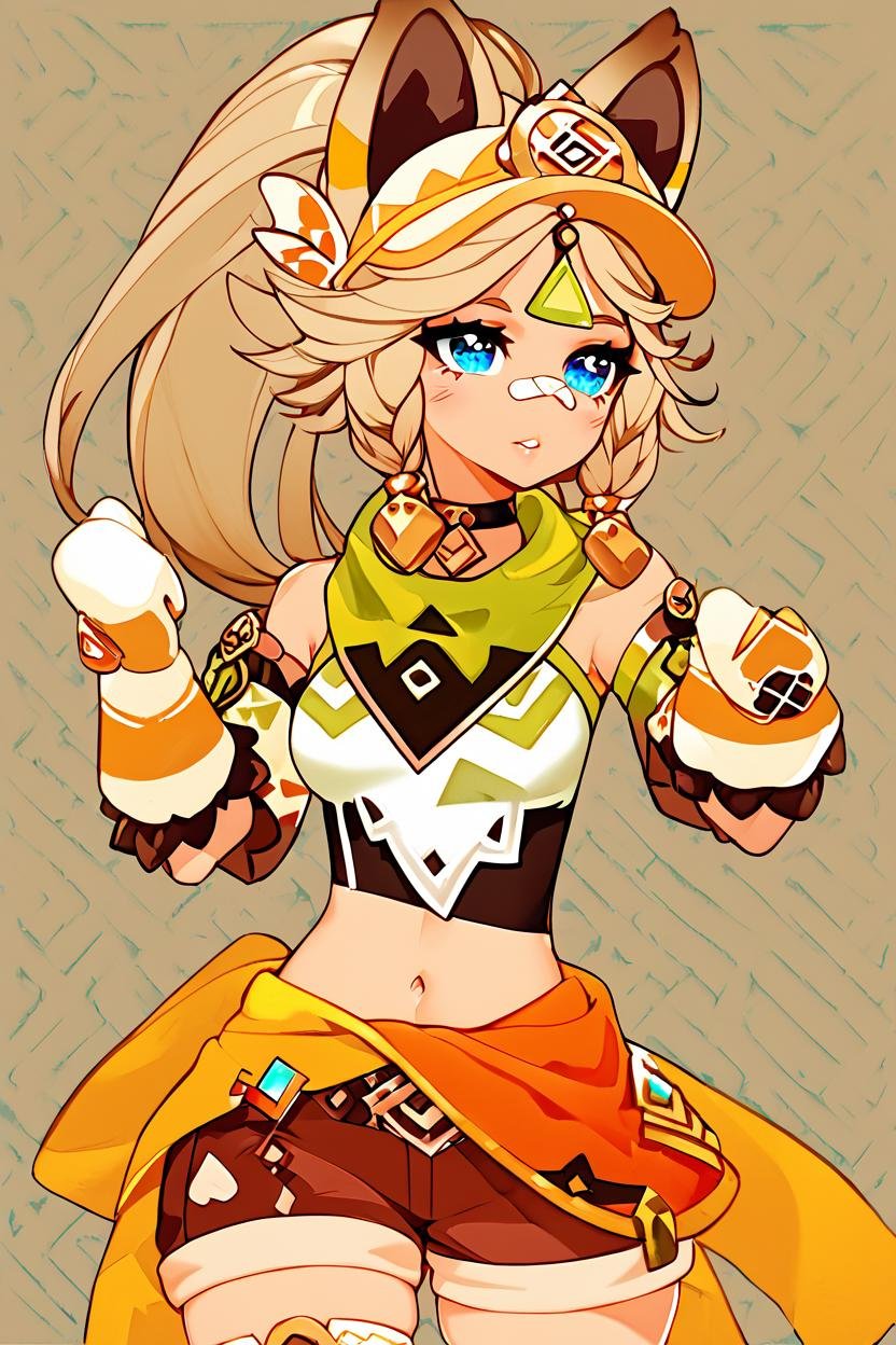 score_9, score_8_up, score_8, medium breasts, (curvy), cute, eyelashes,       BREAK, , <lora:Kachina_Genshin_PDXL:0.8>,  zzKachina, animal ears, blue eyes, long hair, side braids, high ponytail,  brown hair, bandaid on nose, green bandana, bandana around neck, clothes around waist, crop top, fur-trimmed gloves, white mittens, brown shorts,, , BREAK, solo, thighhighs, navel, jewelry, medium breasts, cowboy shot, earrings, parted lips, shorts, choker, midriff, armor, short shorts, skindentation, black choker, shoulder armor,  abstract background,   hand on hip,   embedding:zPDXL, Expressiveh,  <lora:Halphelt_PDXL-000008:0.8>,  <lora:Uncensored_PonyXL_cpt_v02.09:0.4>,  <lora:Expressive_H-000001:0.4>,