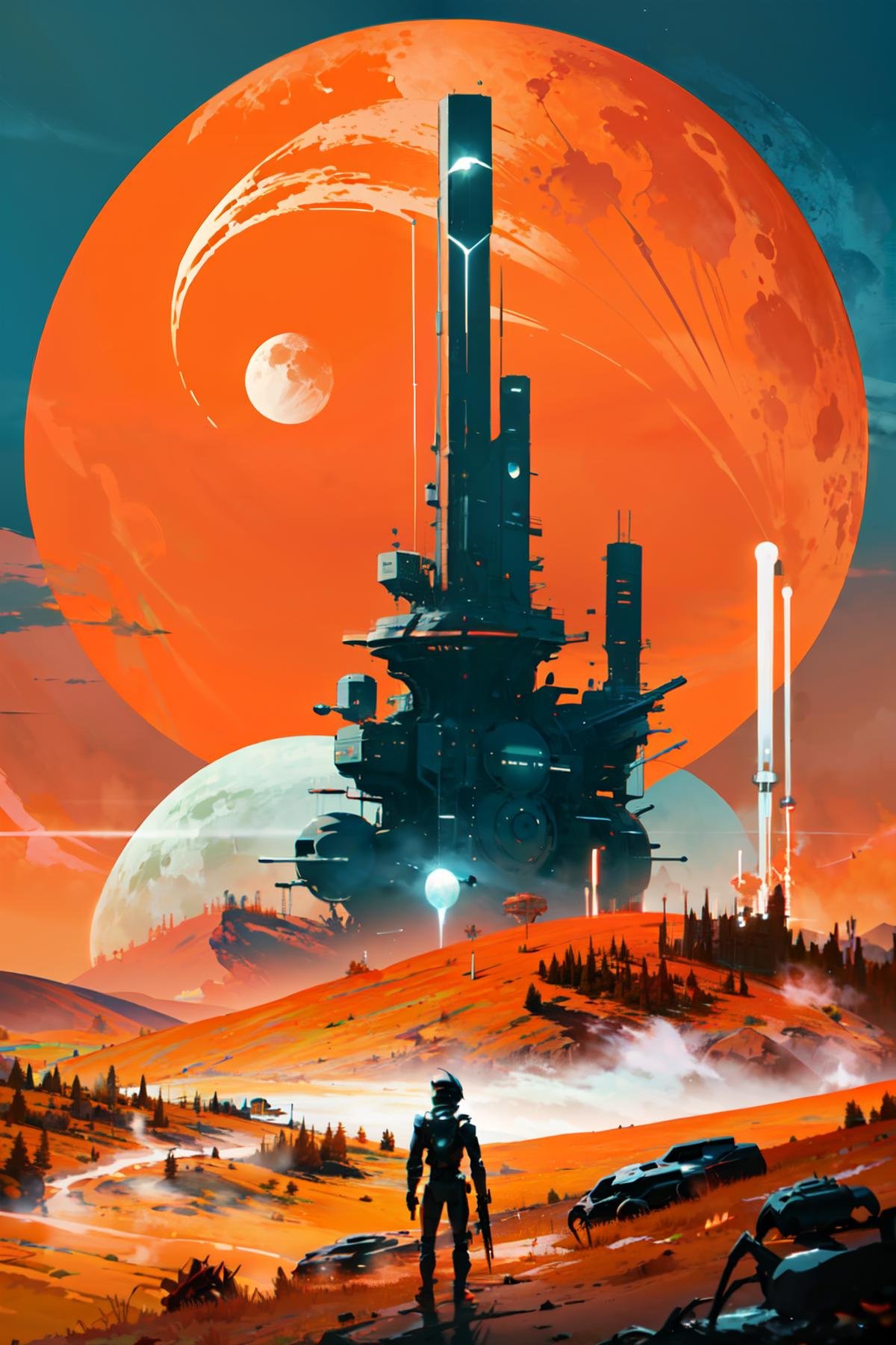 ((masterpiece,best quality)), absurdres,   <lora:Scifi_Environment_Concept_Art:0.8>,   minimalist, game asset, cinematic, movie poster, warm colors, orange theme,    standing, weapon, outdoors, tree, moon, robot, scenery, sun, ambiguous gender, fog