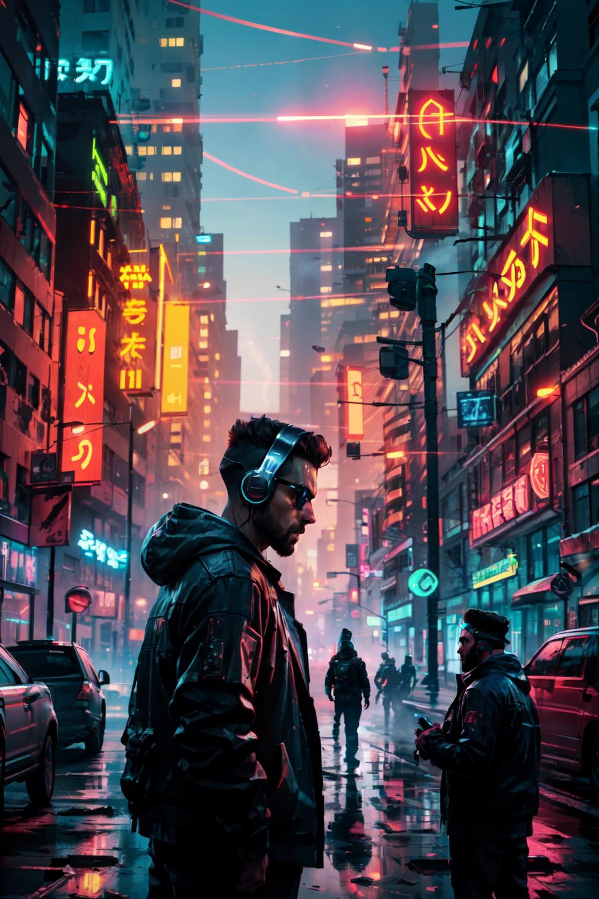 ((masterpiece,best quality)), absurdres,   <lora:Scifi_Environment_Concept_Art:0.8>,   minimalist, game asset, cinematic, movie poster, warm colors, red theme,  purple fog,   solo, 1boy, jacket, male focus, from side, night, headphones, building, city, hands in pockets, cityscape, cable, monitor, cyberpunk, neon lights, hologram, silhouette,