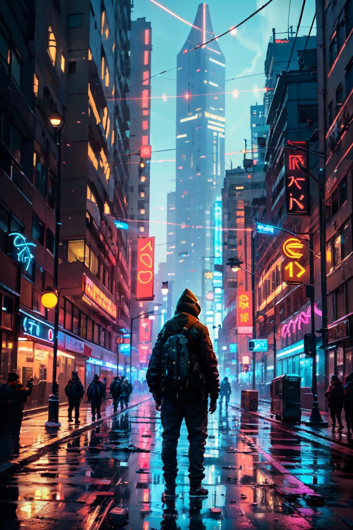 ((masterpiece,best quality)), absurdres,   <lora:Scifi_Environment_Concept_Art:0.8>,   solo, 1boy, standing, jacket, male focus, outdoors, pants, hood, bag, from behind, night, backpack, building, scenery, hood up, reflection, city, sign, power lines, lamppost, cyberpunk, neon lights,