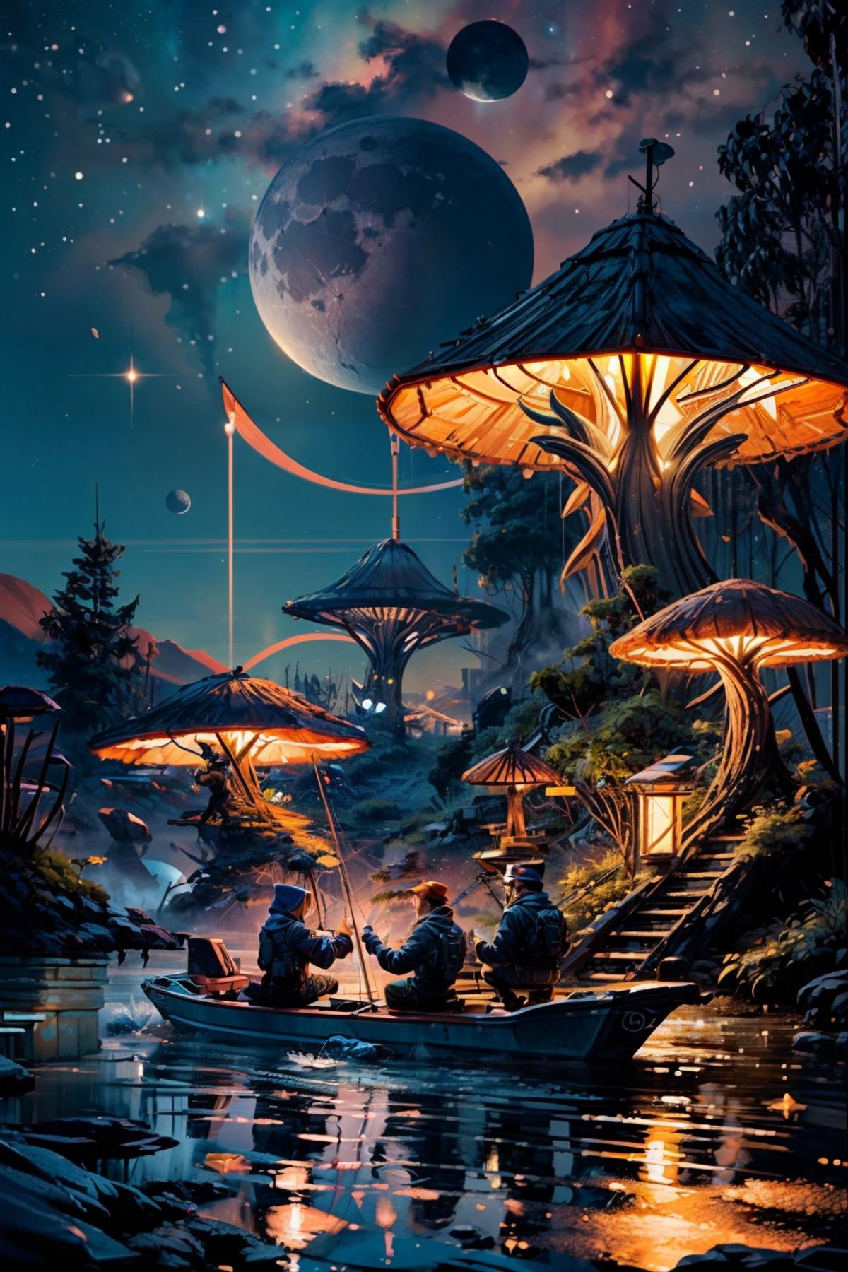 (ultra realistic,32k, masterpiece:1.2),(high detailed:1.1),( high quality:1.1), <lora:Scifi_Environment_Concept_Art:0.8>,    sitting, outdoors, multiple boys, sky, 2boys, water, from behind, night, moon, star (sky), night sky, scenery, starry sky, mushroom, crescent moon, boat, fishing rod, fishing,  blurry background, <lora:add_detail:0.92>,