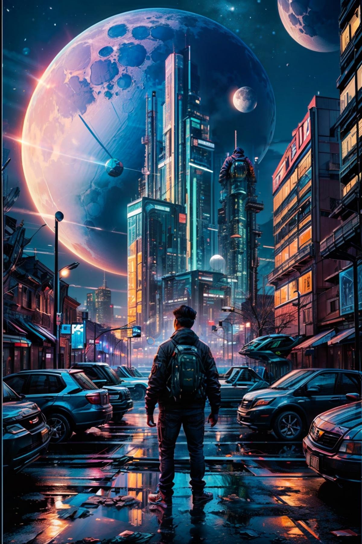 (ultra realistic,32k, masterpiece:1.2),(high detailed skin:1.1),( high quality:1.1), <lora:Scifi_Environment_Concept_Art:0.8>,    solo, short hair, black hair, 1boy, standing, jacket, male focus, outdoors, pants, bag, from behind, night, moon, backpack, ground vehicle, building, scenery, motor vehicle, city, facing away, car, cyberpunk,  blurry background, <lora:add_detail:0.92>,