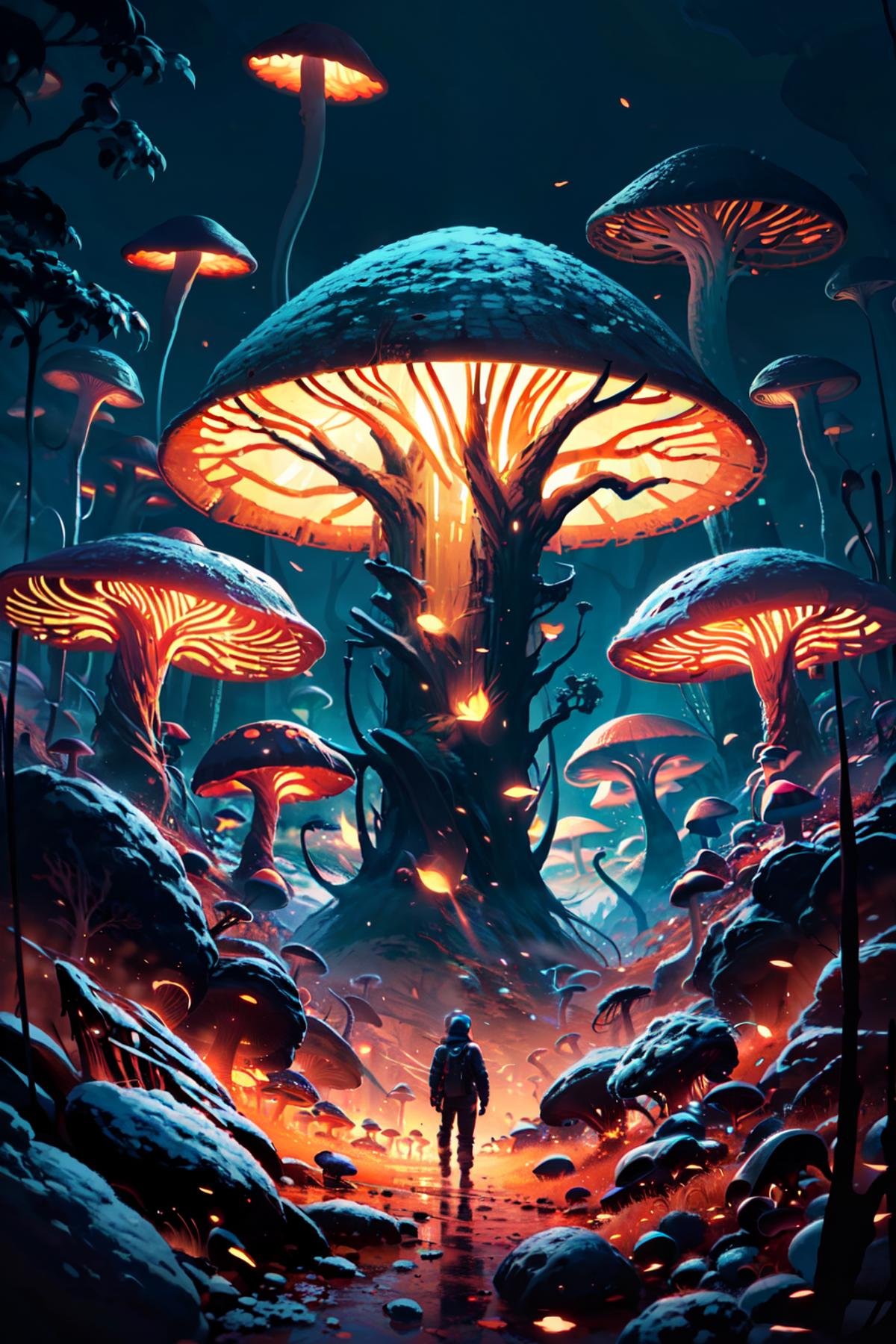 ((masterpiece,best quality)), absurdres,   <lora:Scifi_Environment_Concept_Art:0.8>,   minimalist, game asset, cinematic, movie poster, cold colors, blue theme,    outdoors, tree, glowing, nature, scenery, forest, fantasy, mushroom, no humans,