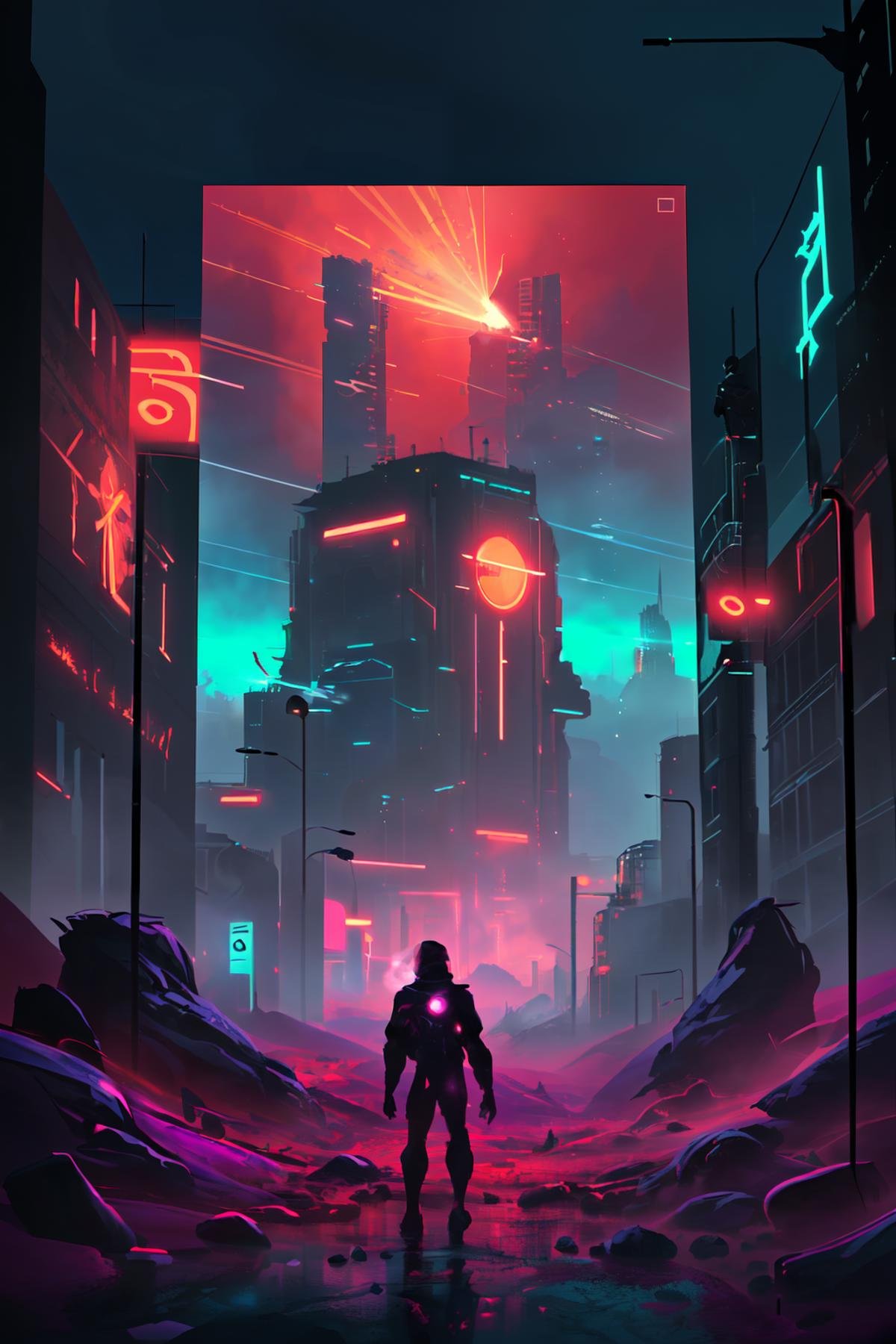 ((masterpiece,best quality)), absurdres,   <lora:Scifi_Environment_Concept_Art:0.8>,   minimalistic, minimum detailed render, game asset, cinematic, movie poster, cold colors, red theme,  purple fog, volumetrics, smoke,   crystals,  silhouette, 1boy,